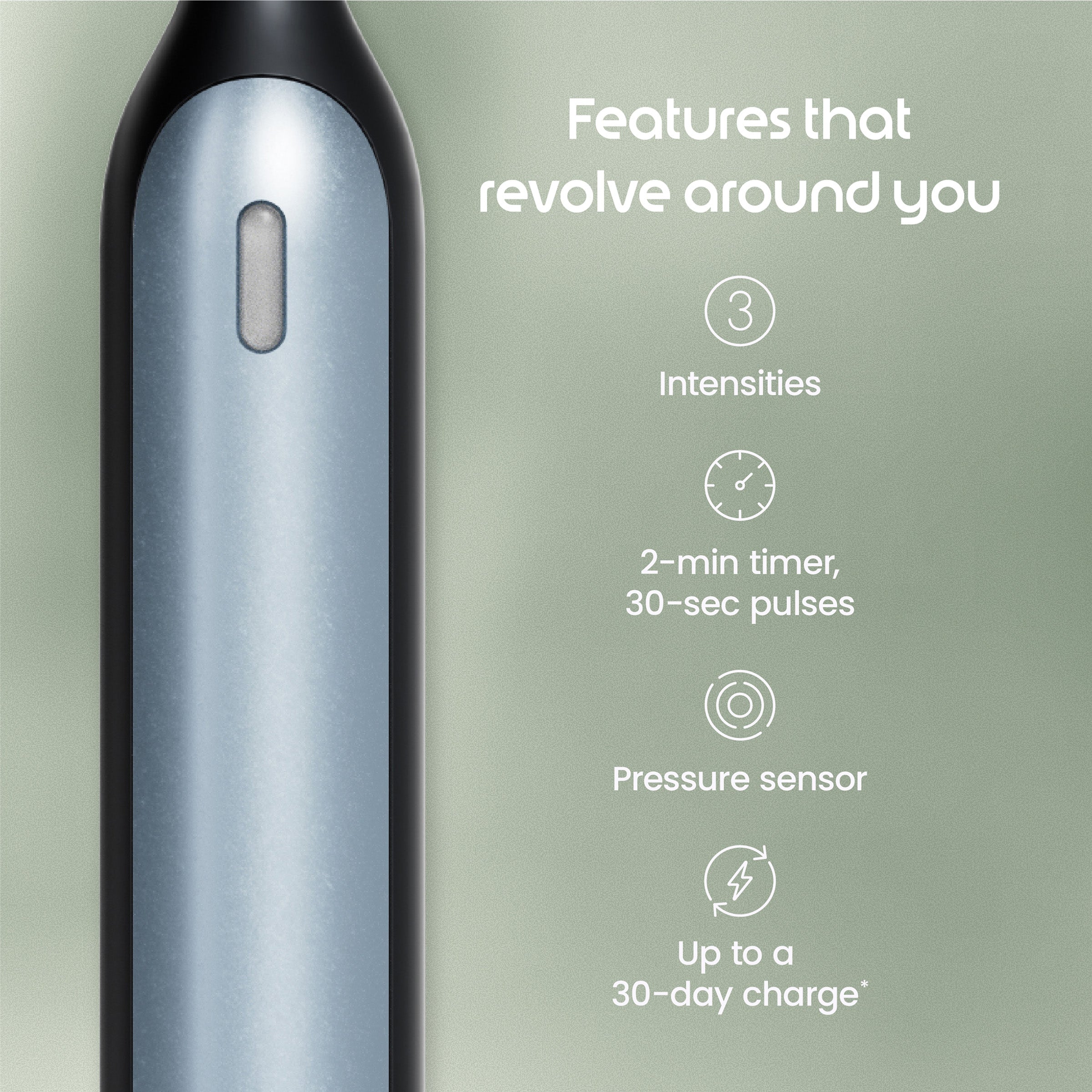 Electronic device with features listed on a green background