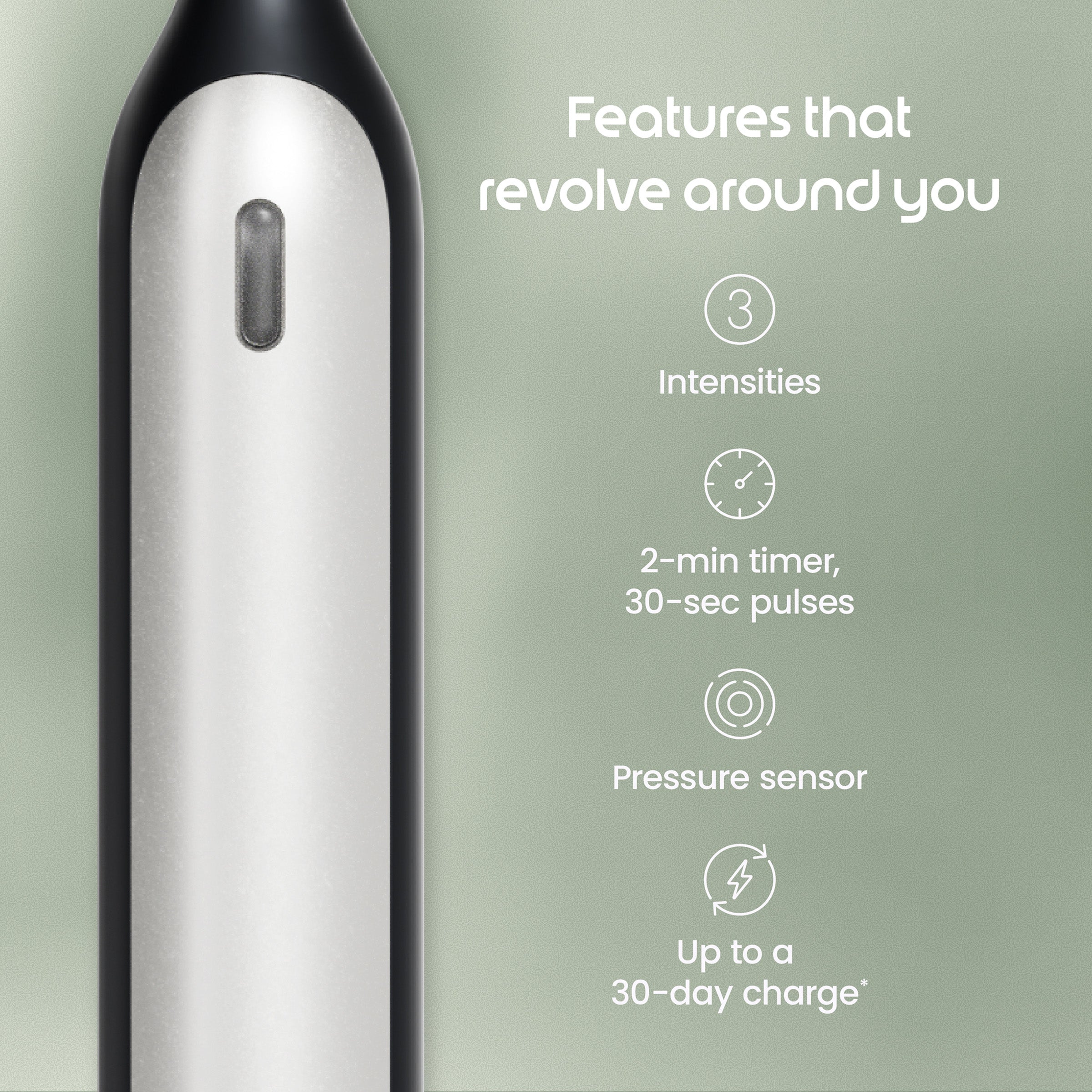 Electric shaver with features listed on a green background