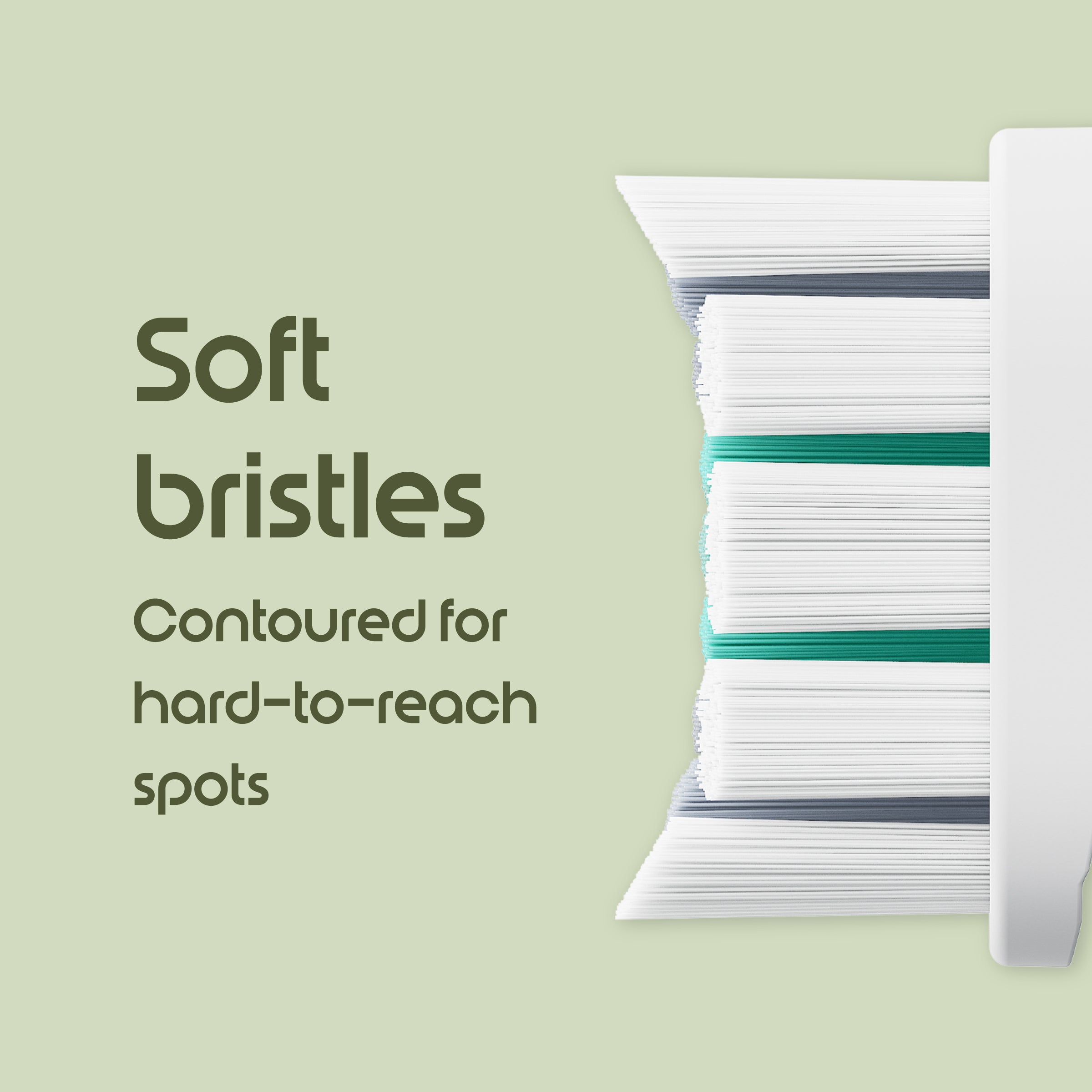 Packaging of soft bristle brushes with text on a light green background