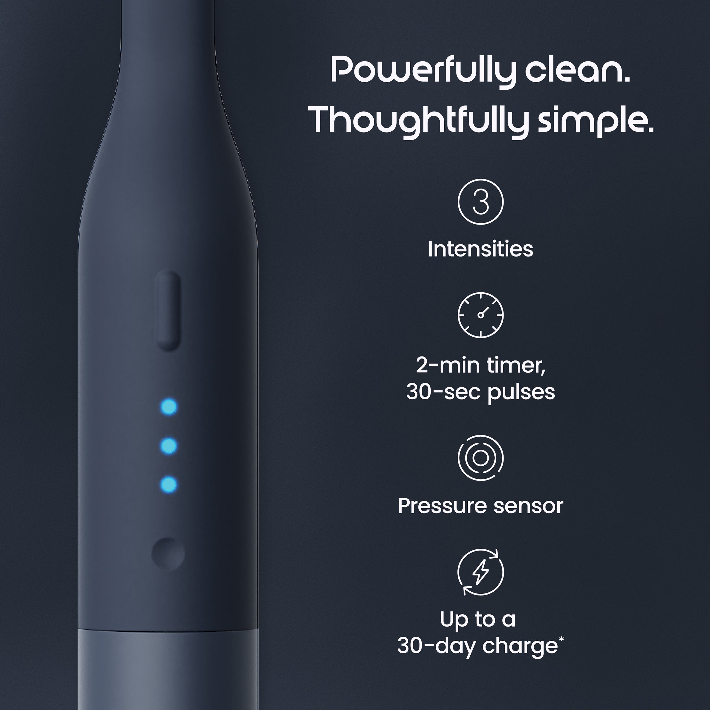 Gentle cleaning device with features listed on a dark background