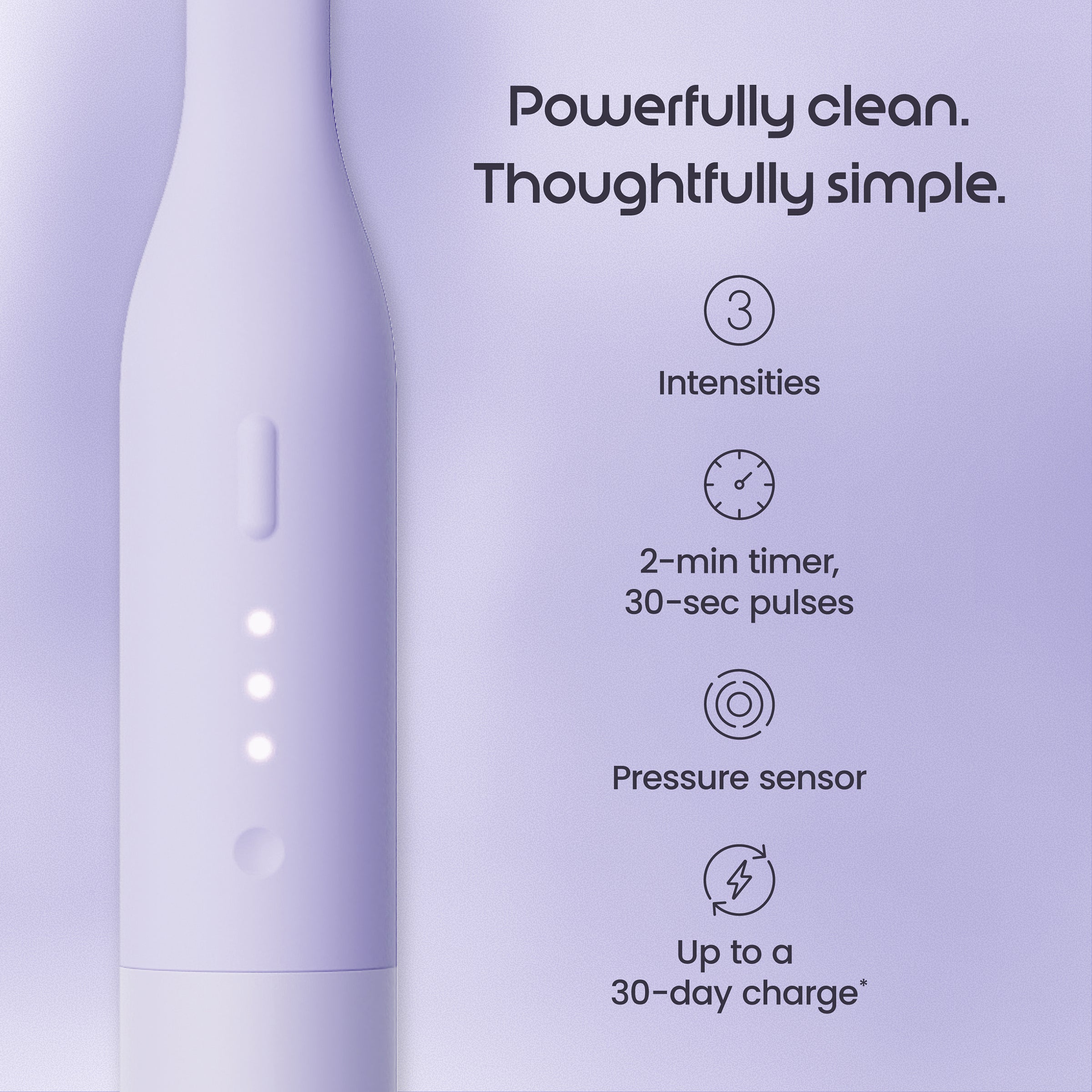 Purple cleaning device with text highlighting features on a matching purple background