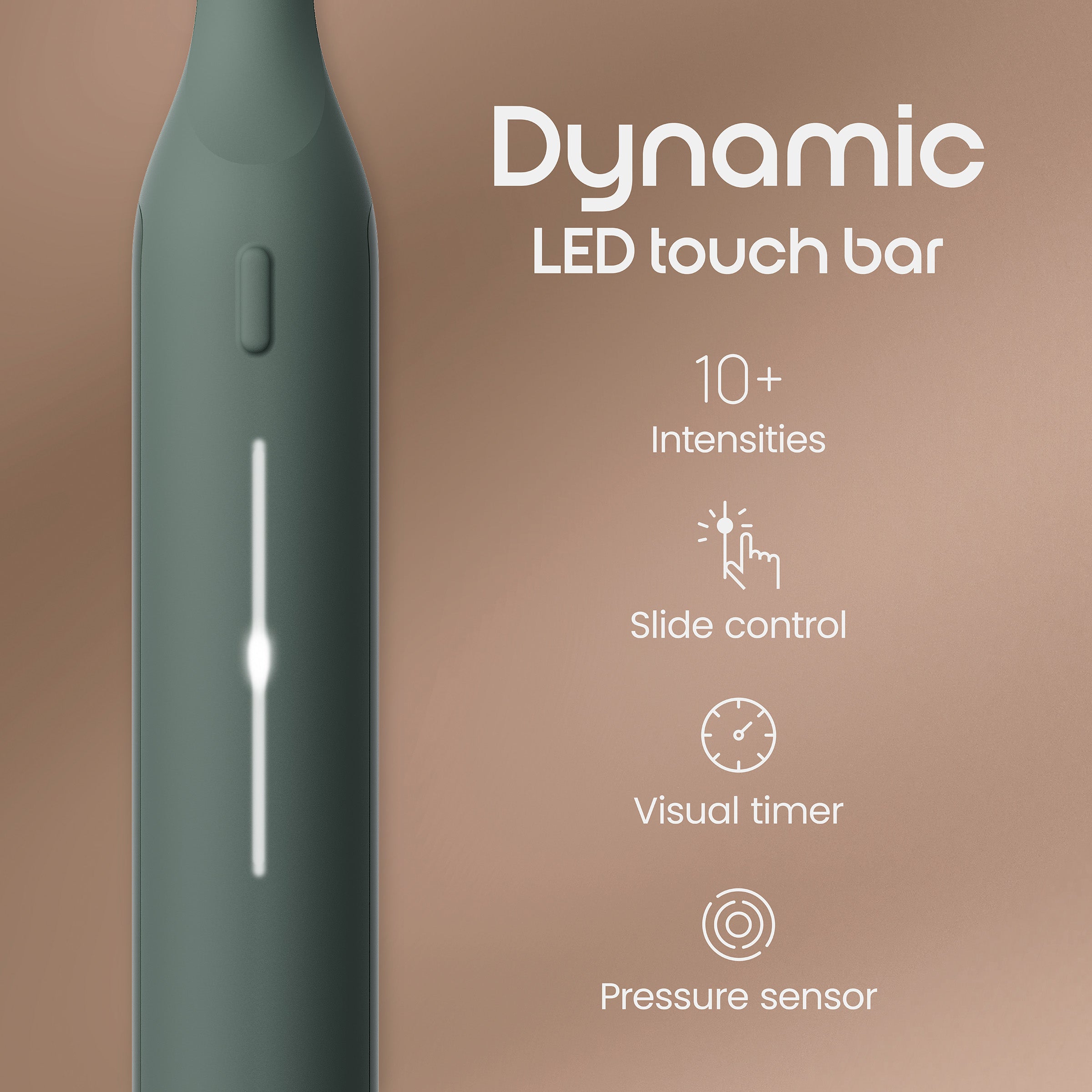 Electronic device with a dynamic LED touch bar on a brown background