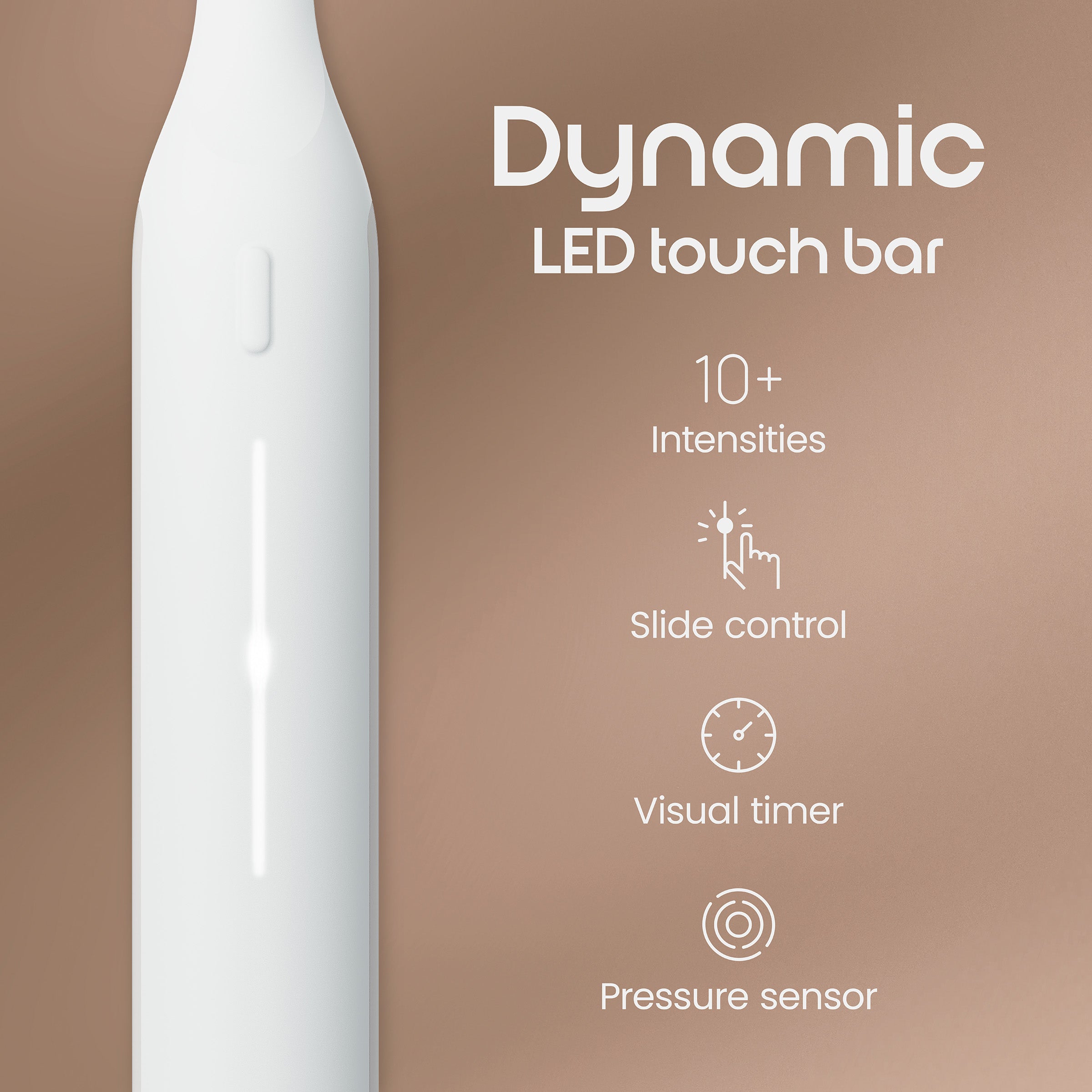 Product with dynamic LED touch bar features on a brown background