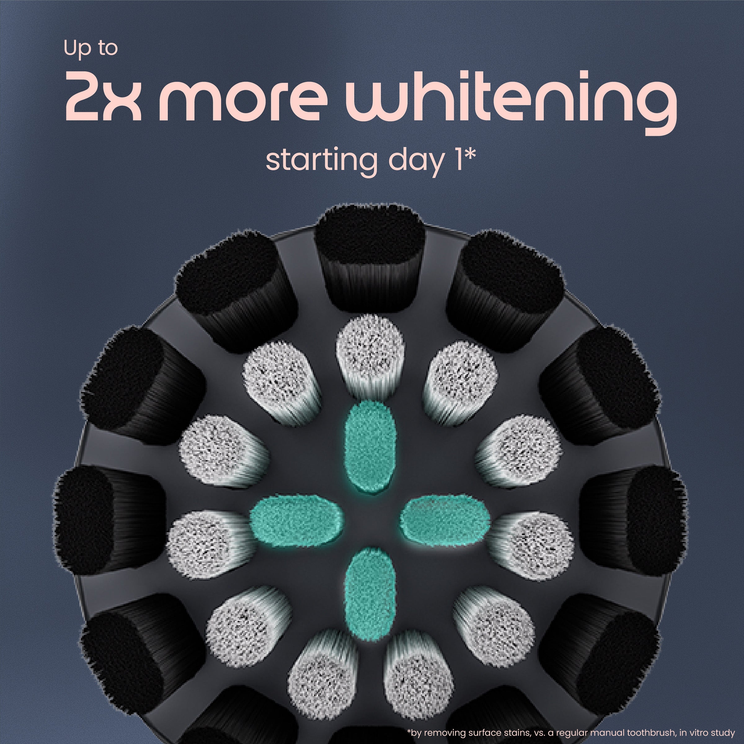 Circular toothbrush head display with black, gray, and green bristle patterns on a dark background.