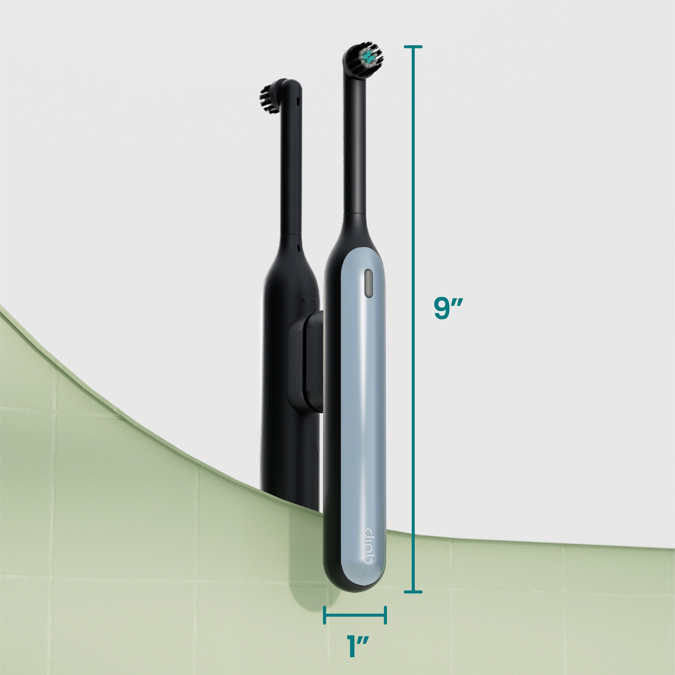 Electric toothbrush with measurement details on a light green background