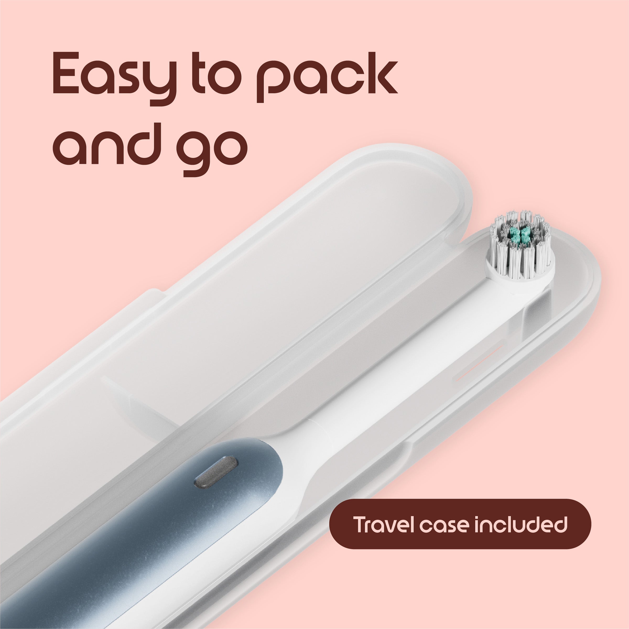 Electric toothbrush with travel case on a pink background, text 'Easy to pack and go' and 'Travel case included'.