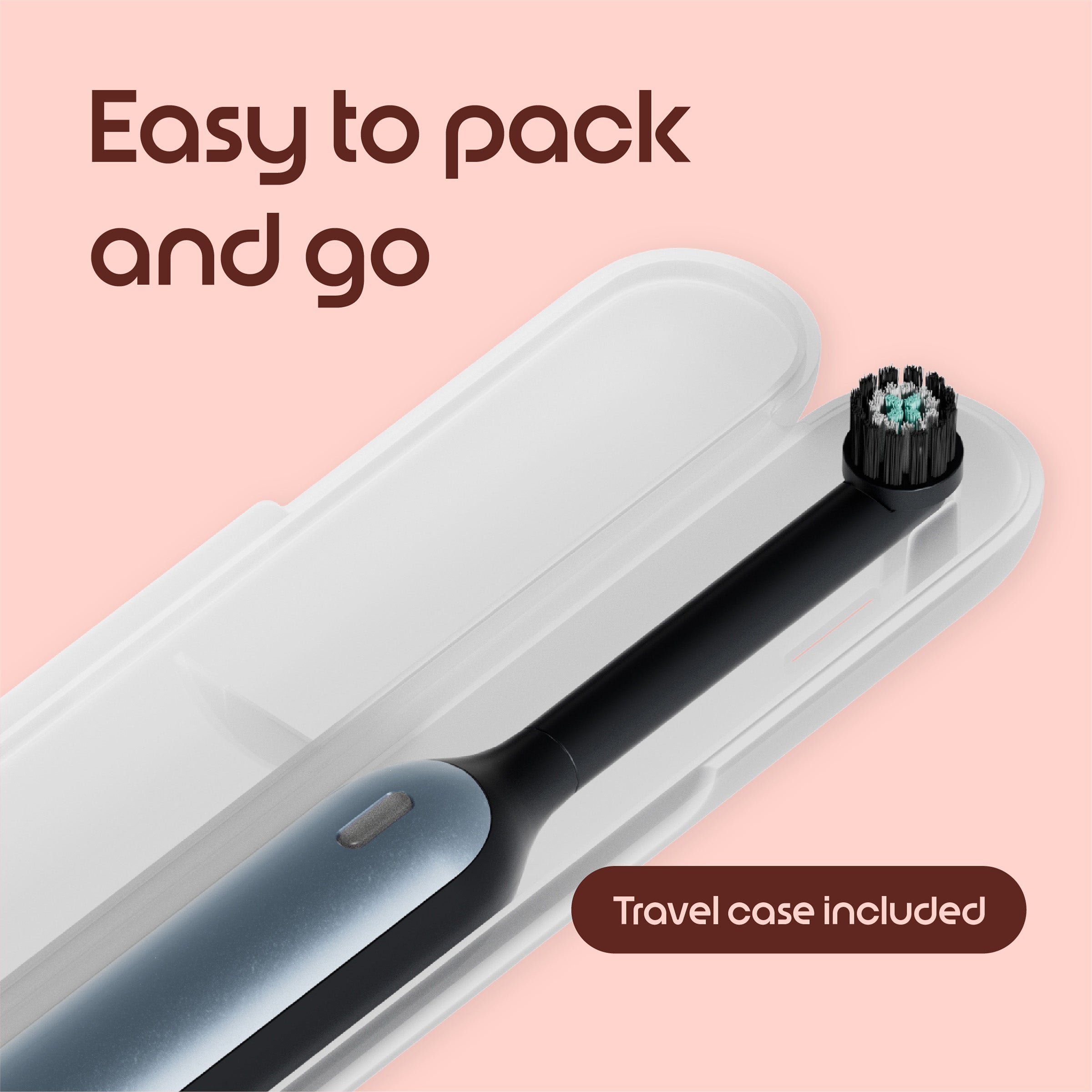 Black electric toothbrush resting in an open travel case on a pink background with text noting it’s easy to pack and travel case included.
