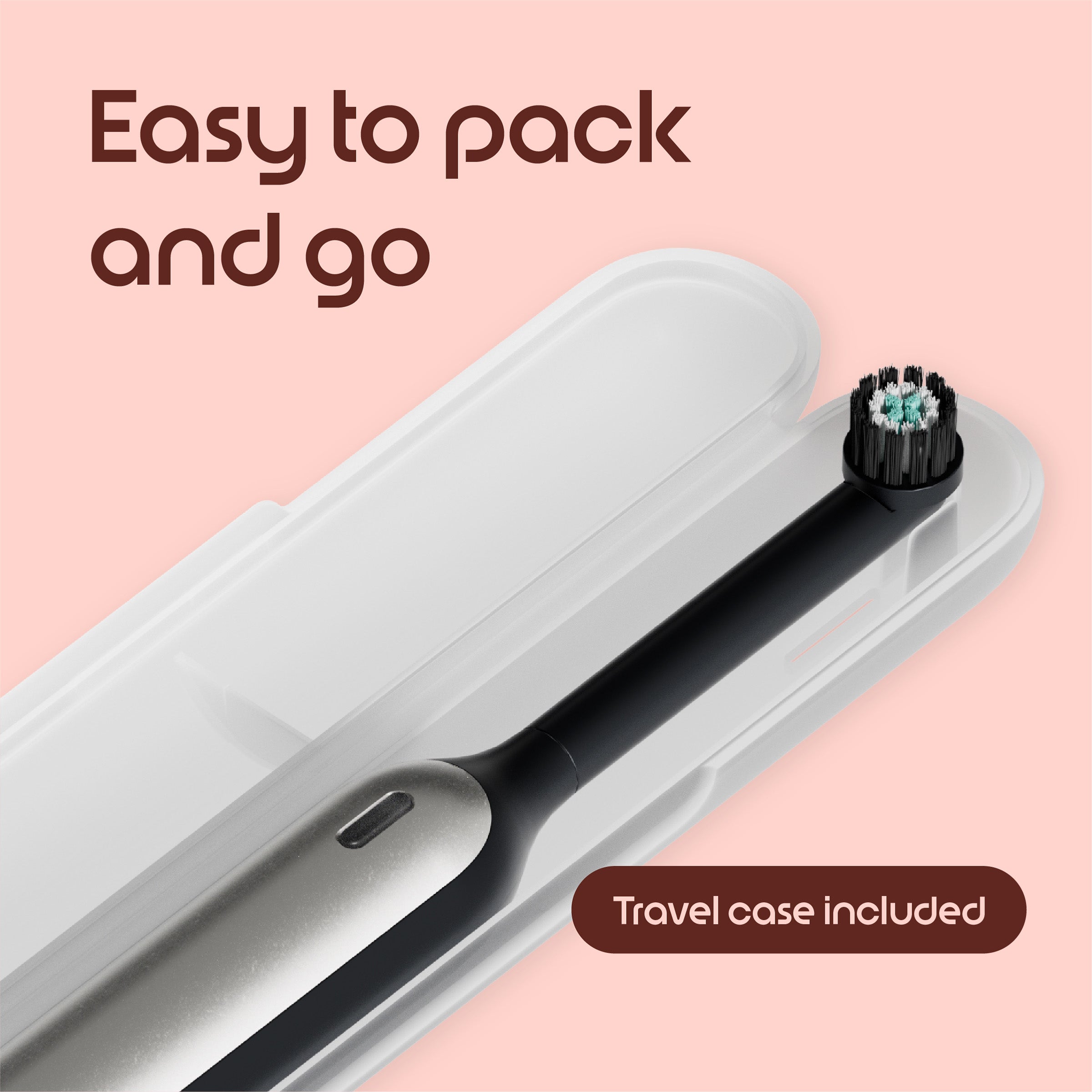 Electric toothbrush with travel case on a pink background, text 'Easy to pack and go' and 'Travel case included'.