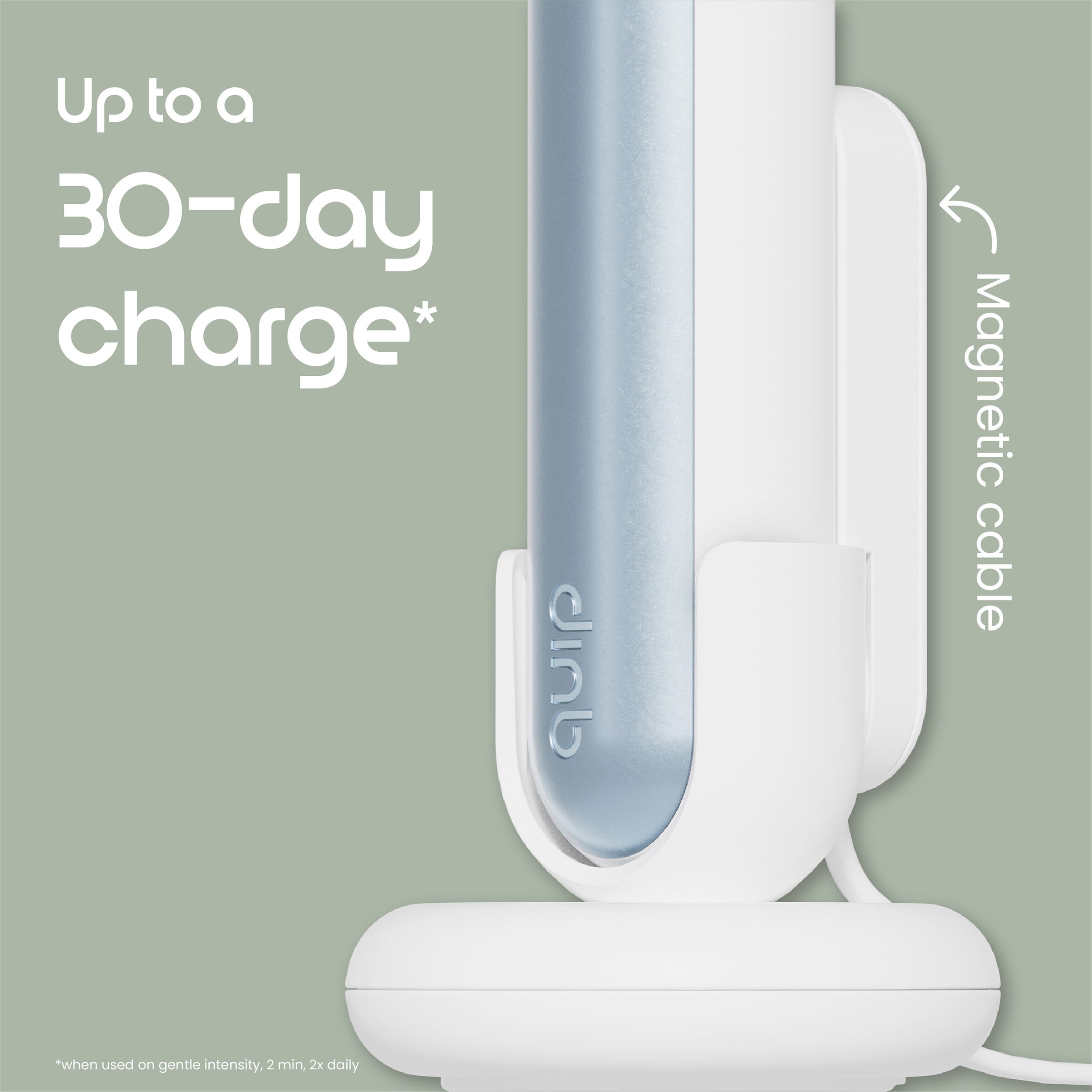 White electronic device with a magnetic cable on a light green background, featuring text about battery life.