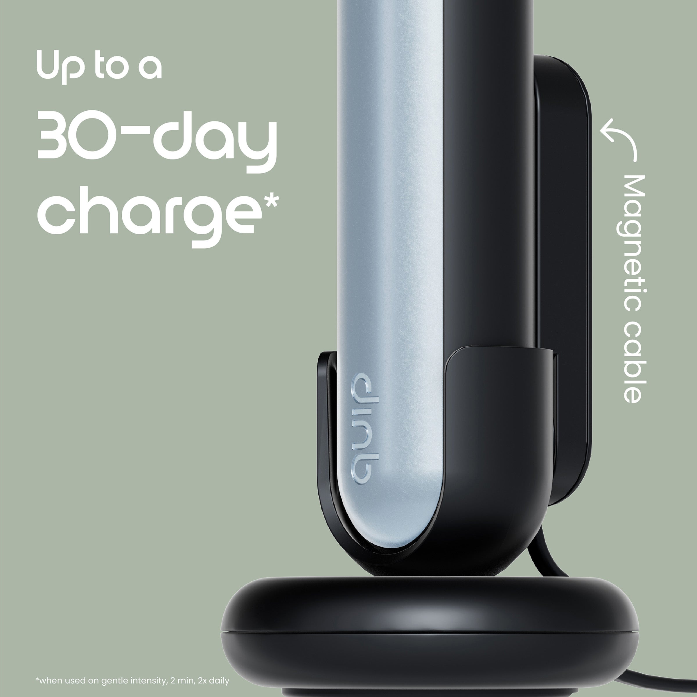 Black and silver electronic device with 'quip' branding on a light green background, highlighting magnetic cable feature.