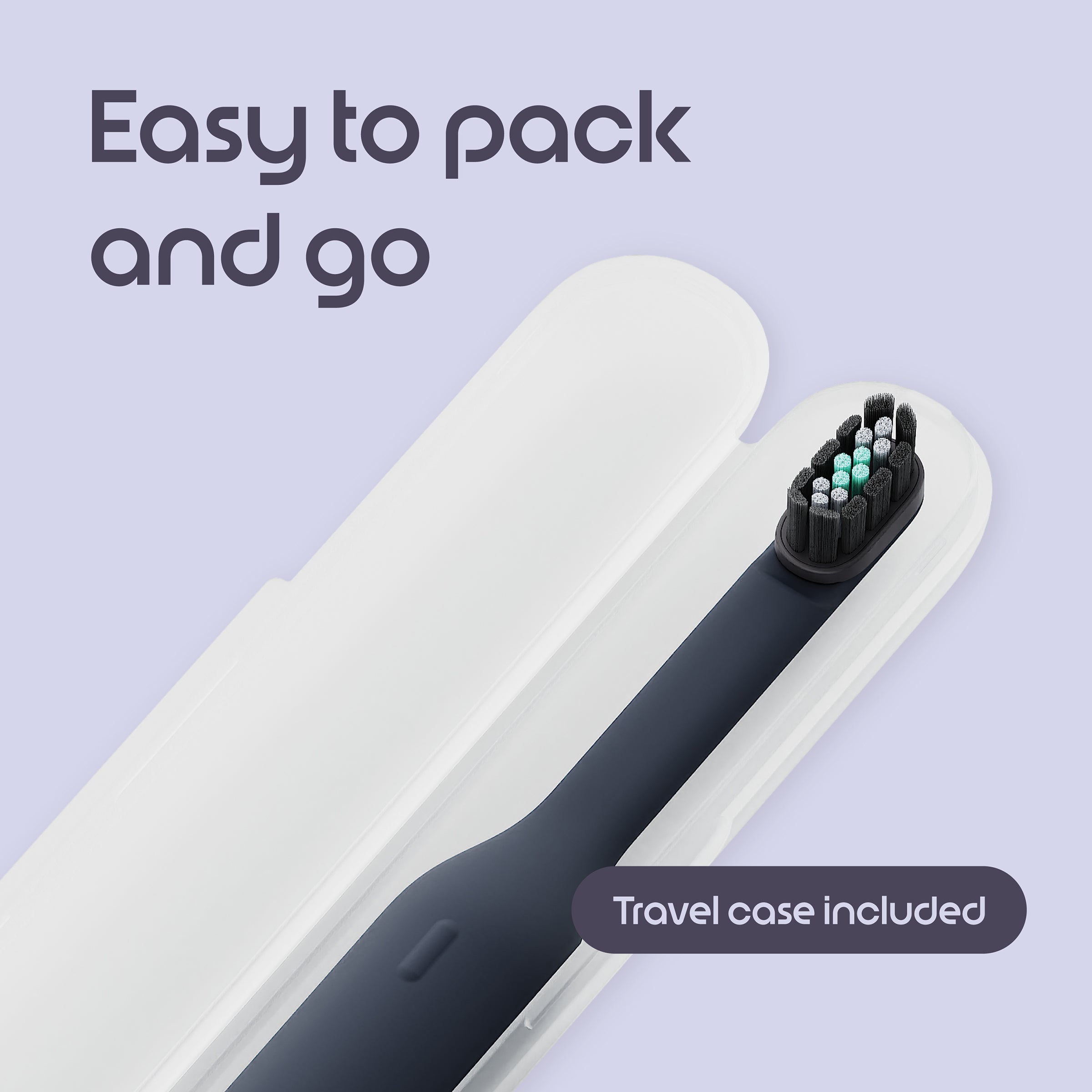 Black toothbrush with travel case on a light purple background, text 'Easy to pack and go' and 'Travel case included'.