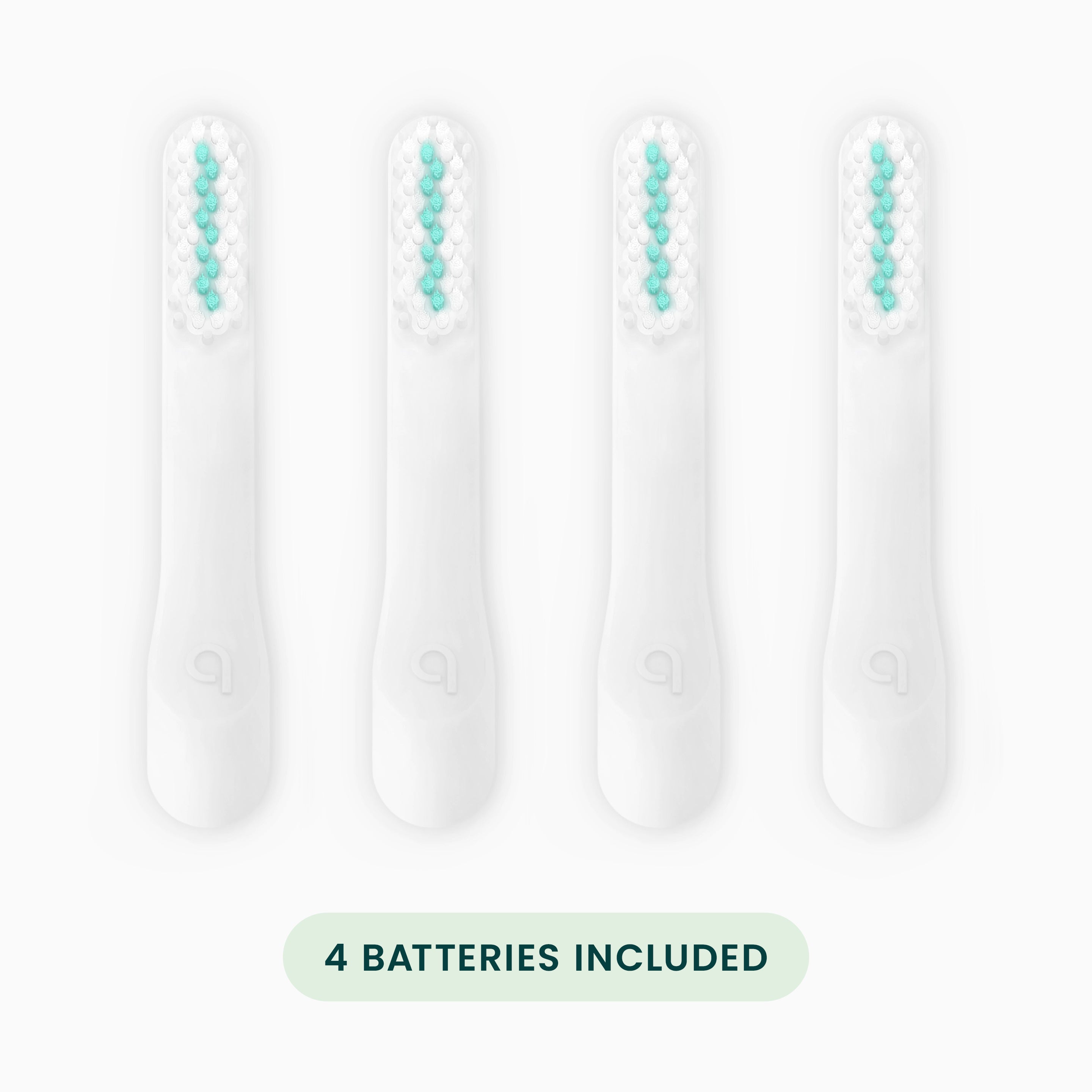 Four batteries with teal-colored ends on a white background, labeled '4 Batteries Included'.