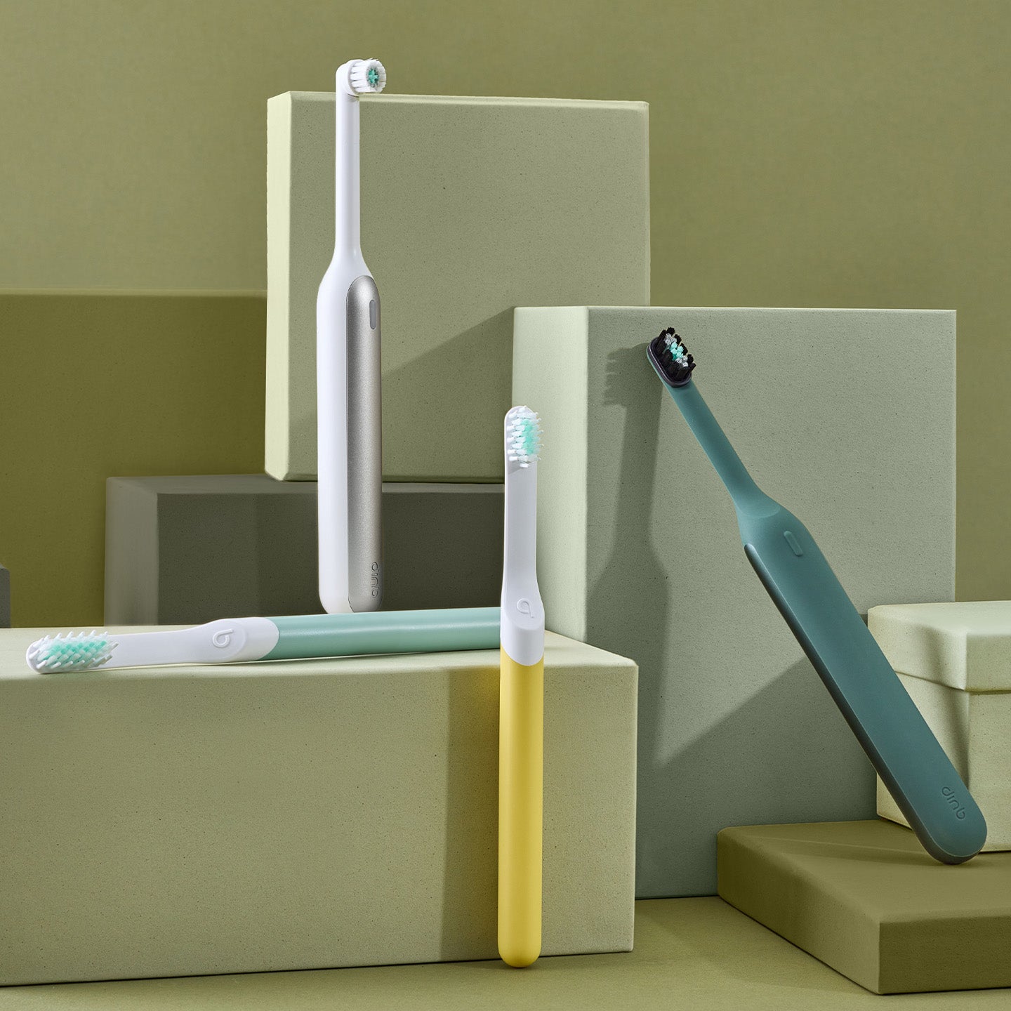quip Rev Oscillating, Sonic, and quip Ultra Smart Sonic electric toothbrushes in modern colors, showcasing sleek design and advanced cleaning for adults.