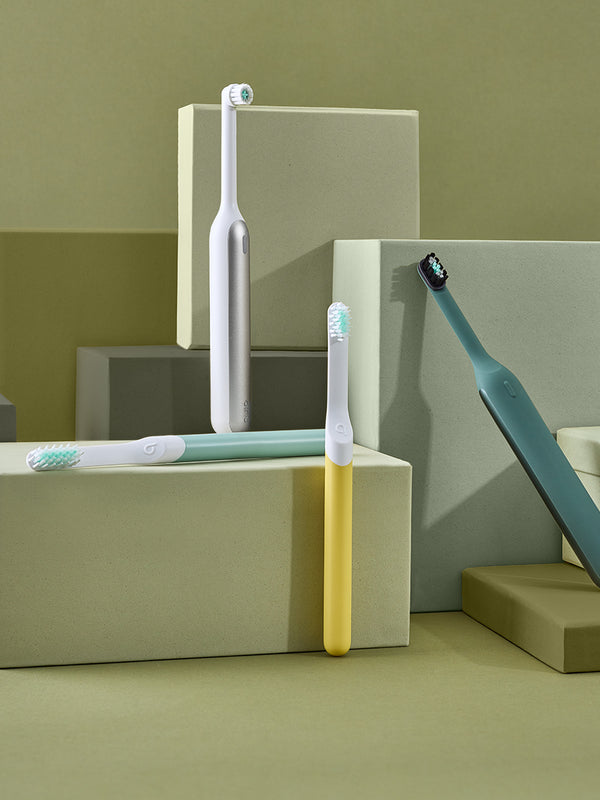 quip Rev Oscillating, Sonic, and quip Ultra Smart Sonic electric toothbrushes in modern colors, showcasing sleek design and advanced cleaning for adults.