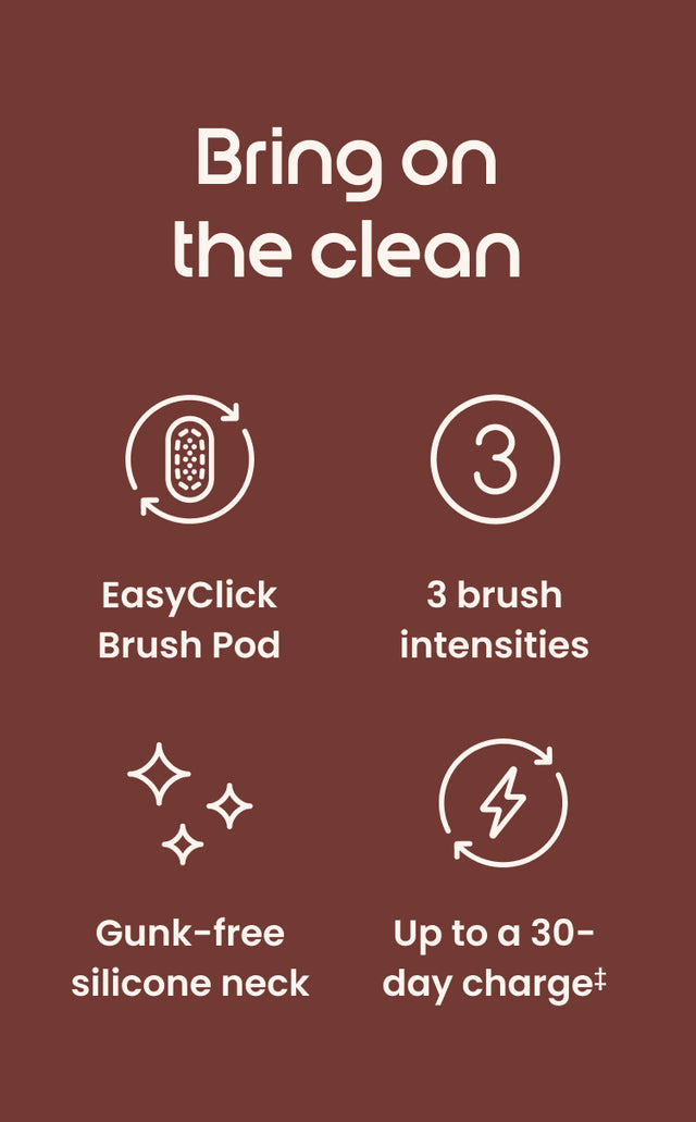 Product features on a brown background with text and icons.