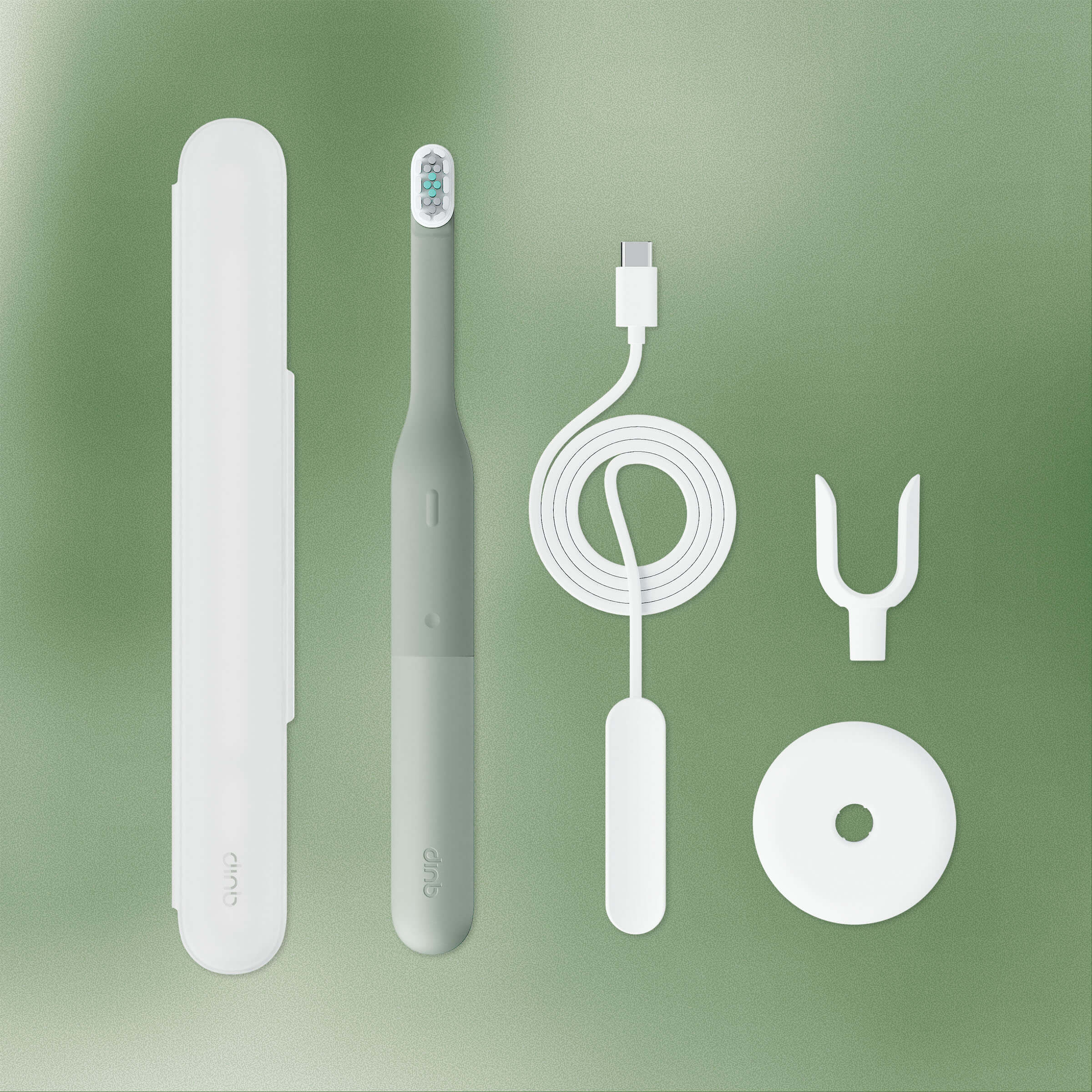 Set of dental care products including a toothbrush, case, cable, and cleaning tools on a green background