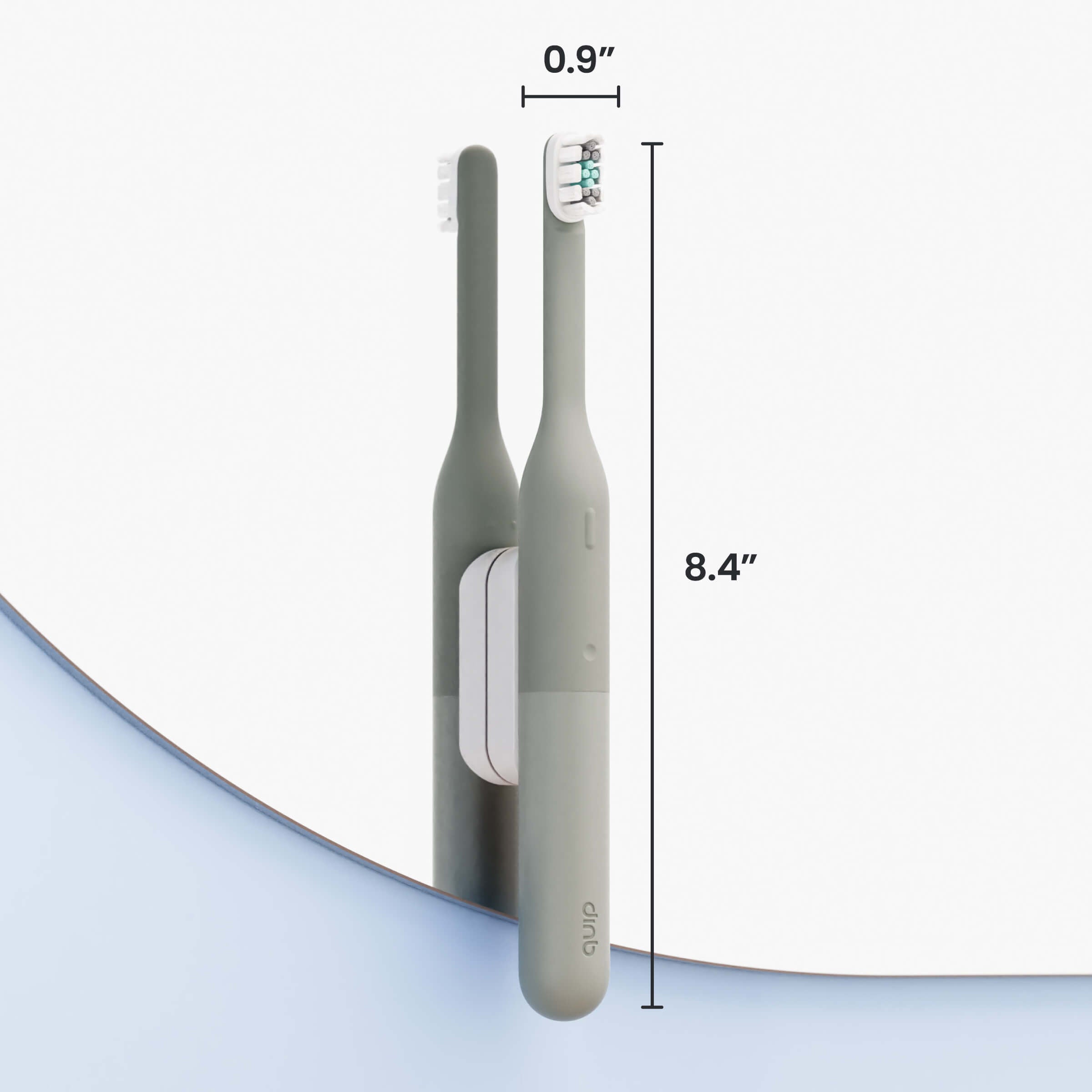 Two electric toothbrushes with measurements on a light gray background
