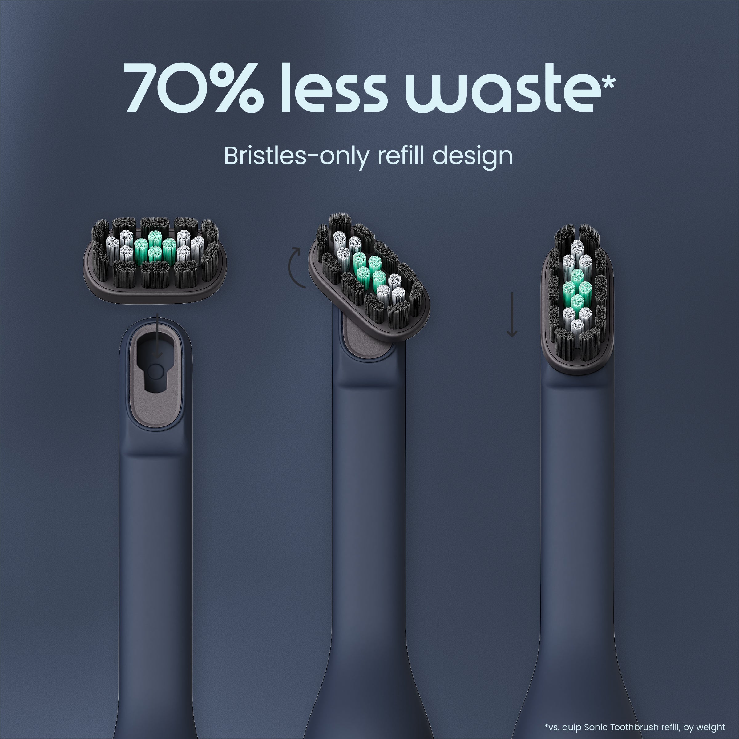 Electric toothbrush with bristles-only refill design on a dark blue background
