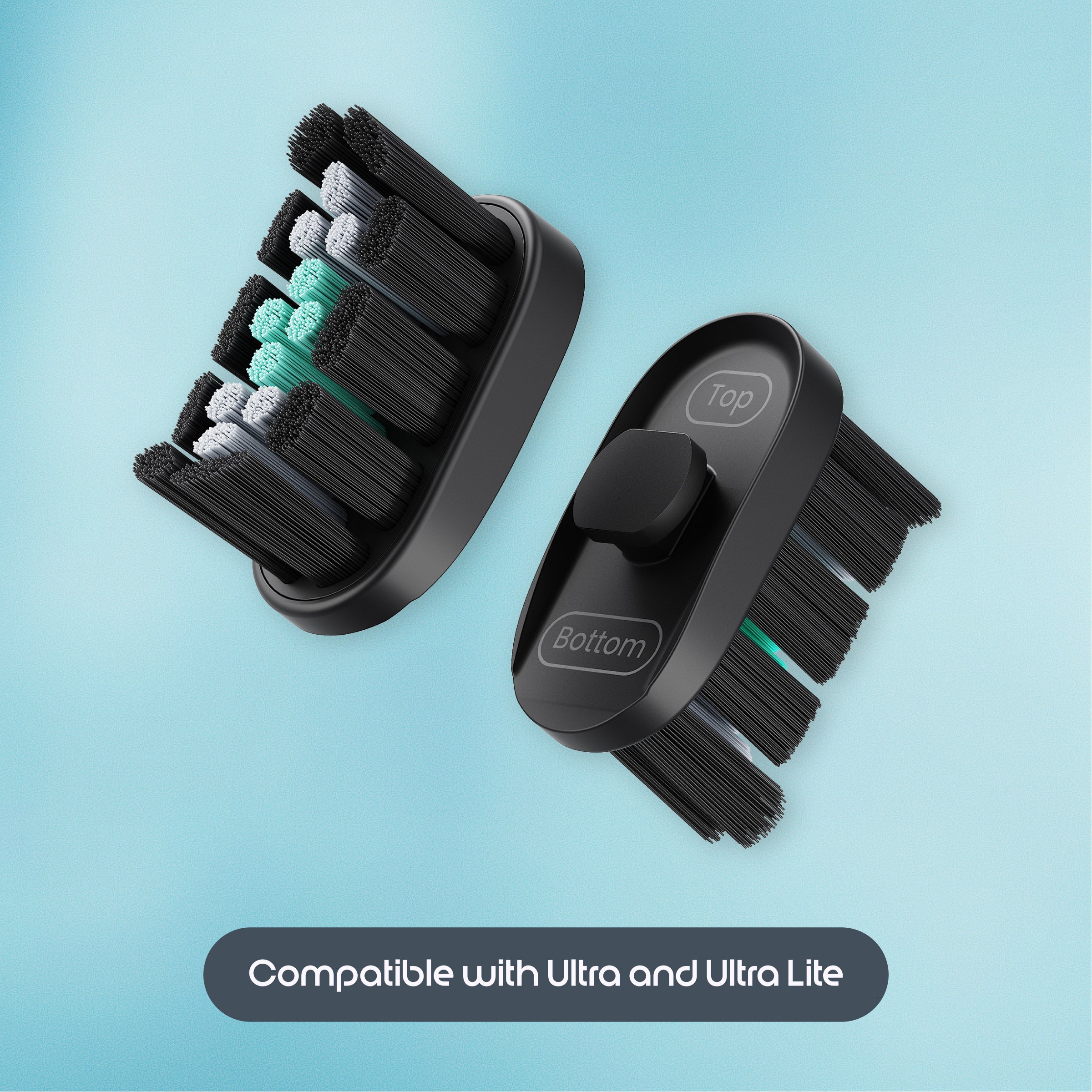 Set of grooming brushes with interchangeable bristle heads on a light blue background