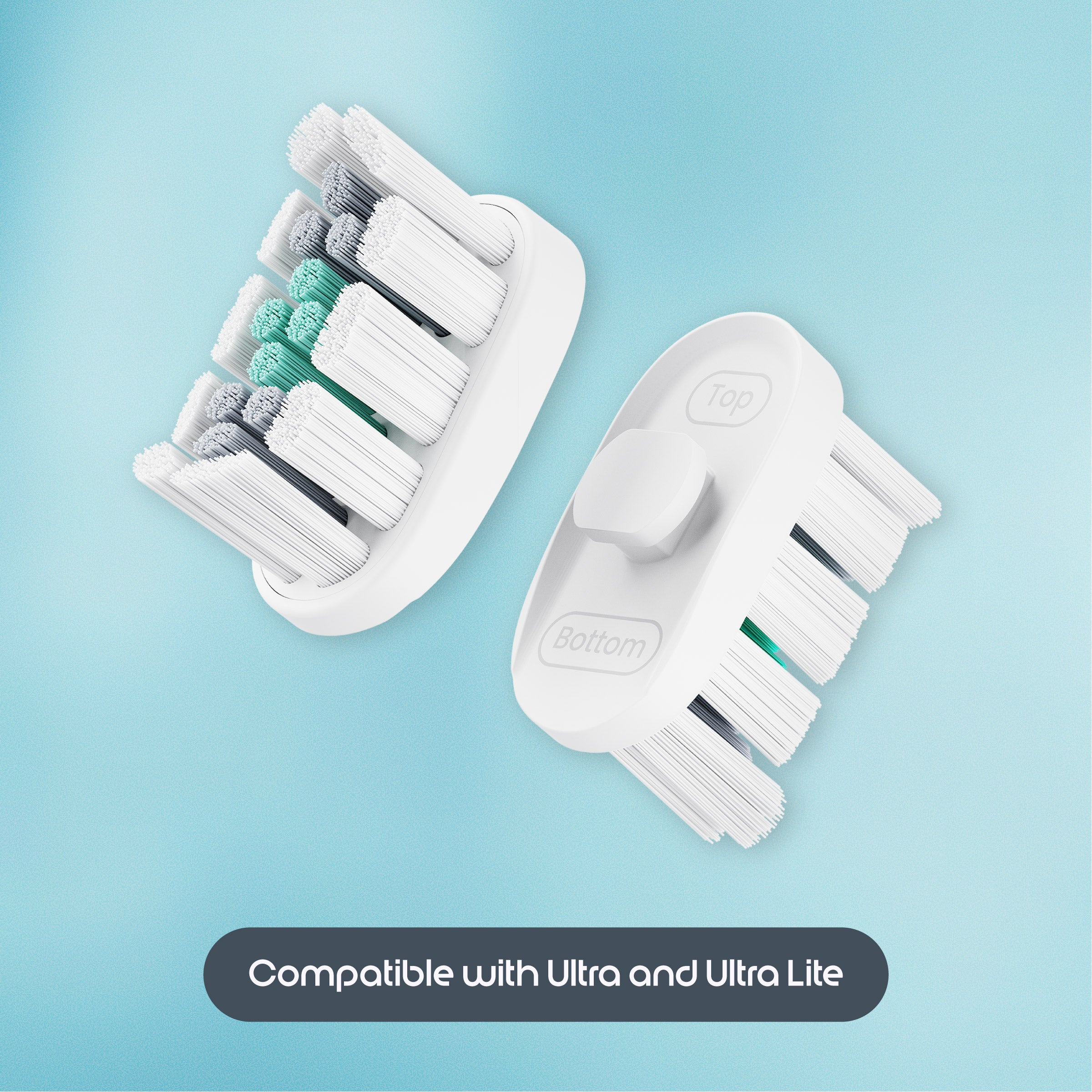 White electric toothbrush head and cleaning brush on a light blue background