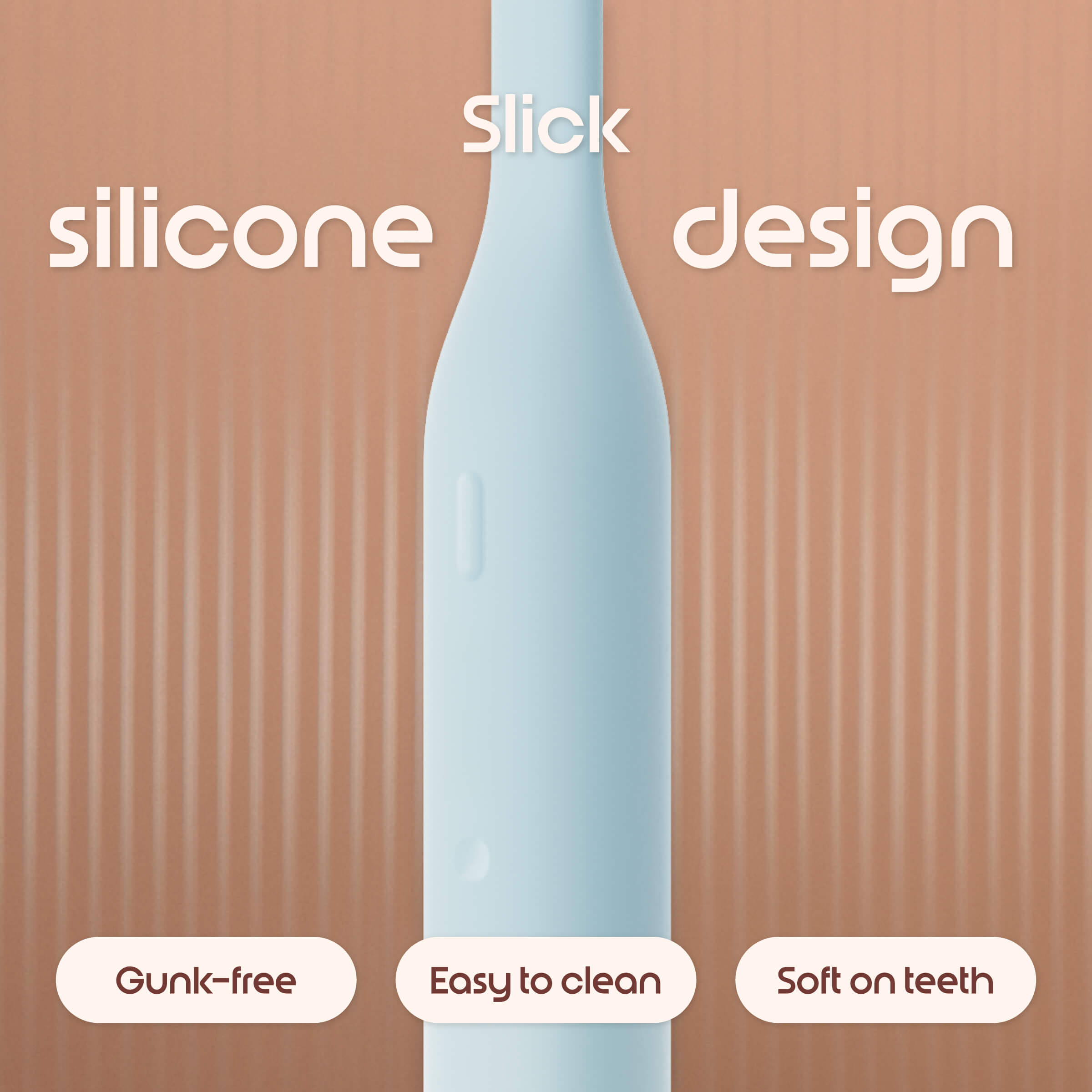 Silicone product with text highlighting features on a brown background