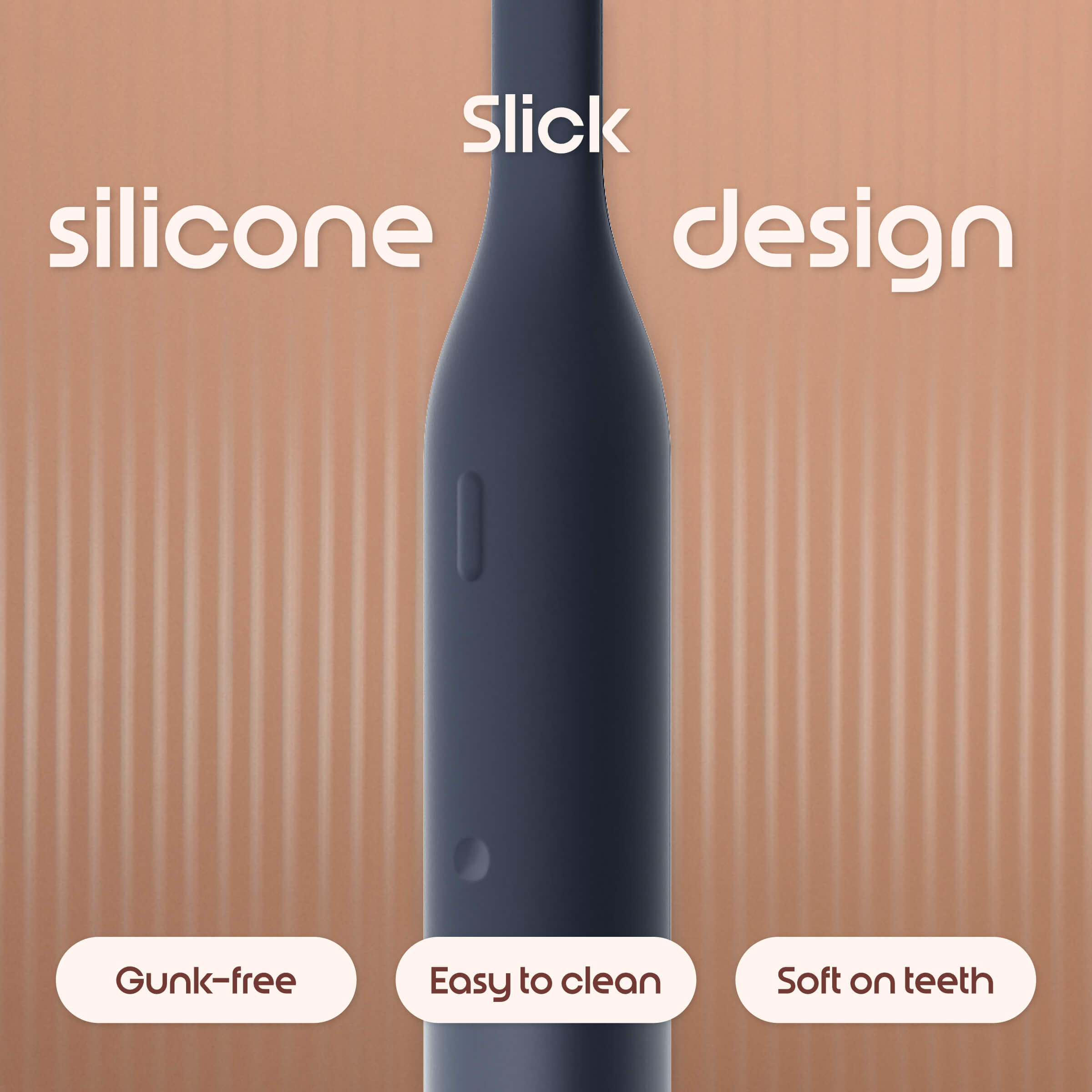 Silicone toothbrush handle with 'Slick silicone design' branding on a brown background