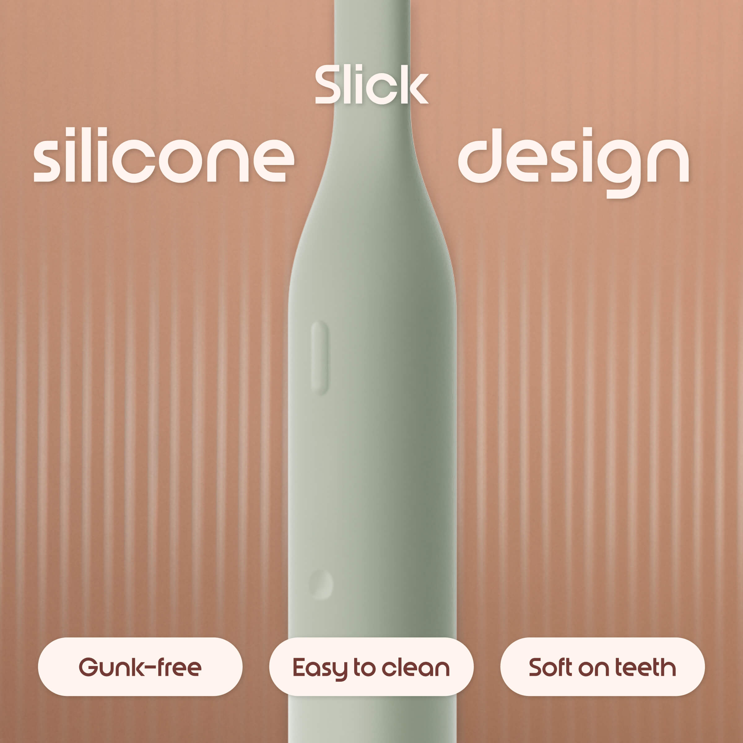 Silicone product with text highlighting features on a brown background
