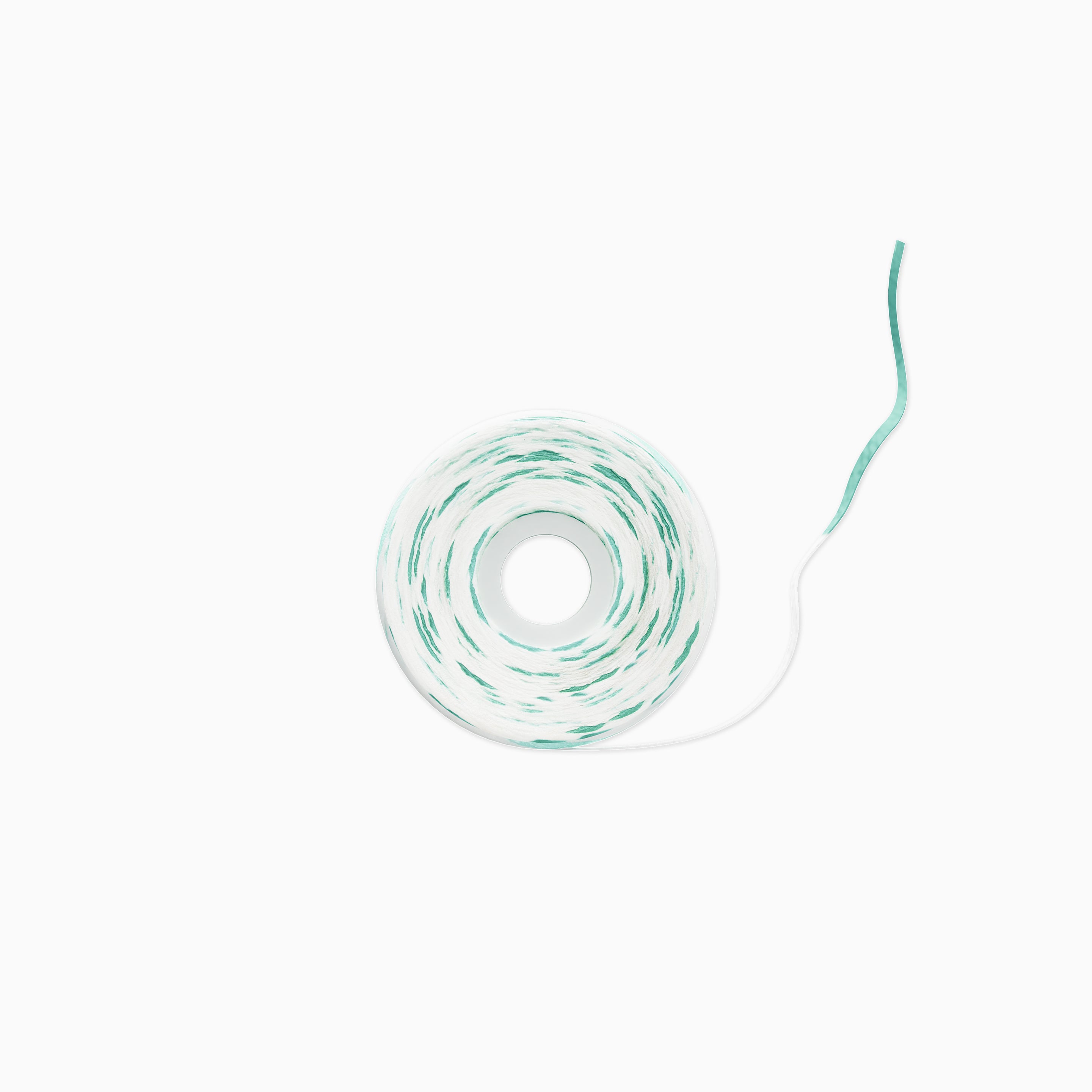 A roll of white cord or twine with a thin mint green stripe running along the outer layer, shown on a clean white background.