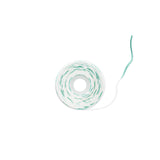 A roll of white twine with thin green stripes, shown on a plain white background with a single strand extending to the right.