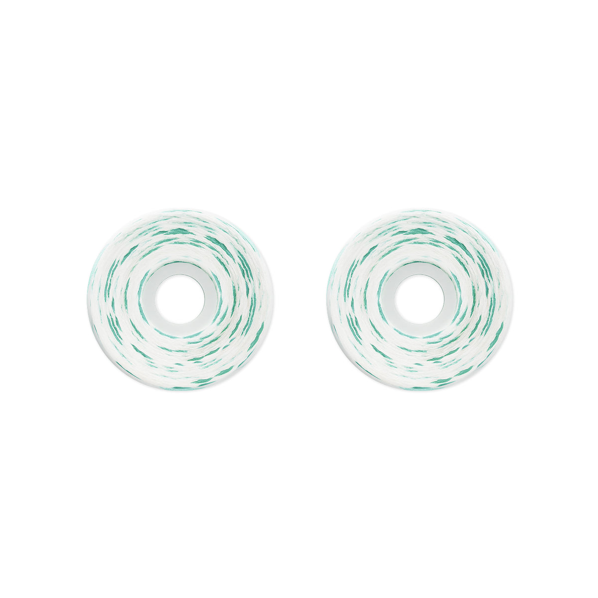 Two white skateboard wheels with a green and black swirled pattern, shown side-by-side on a plain white background.