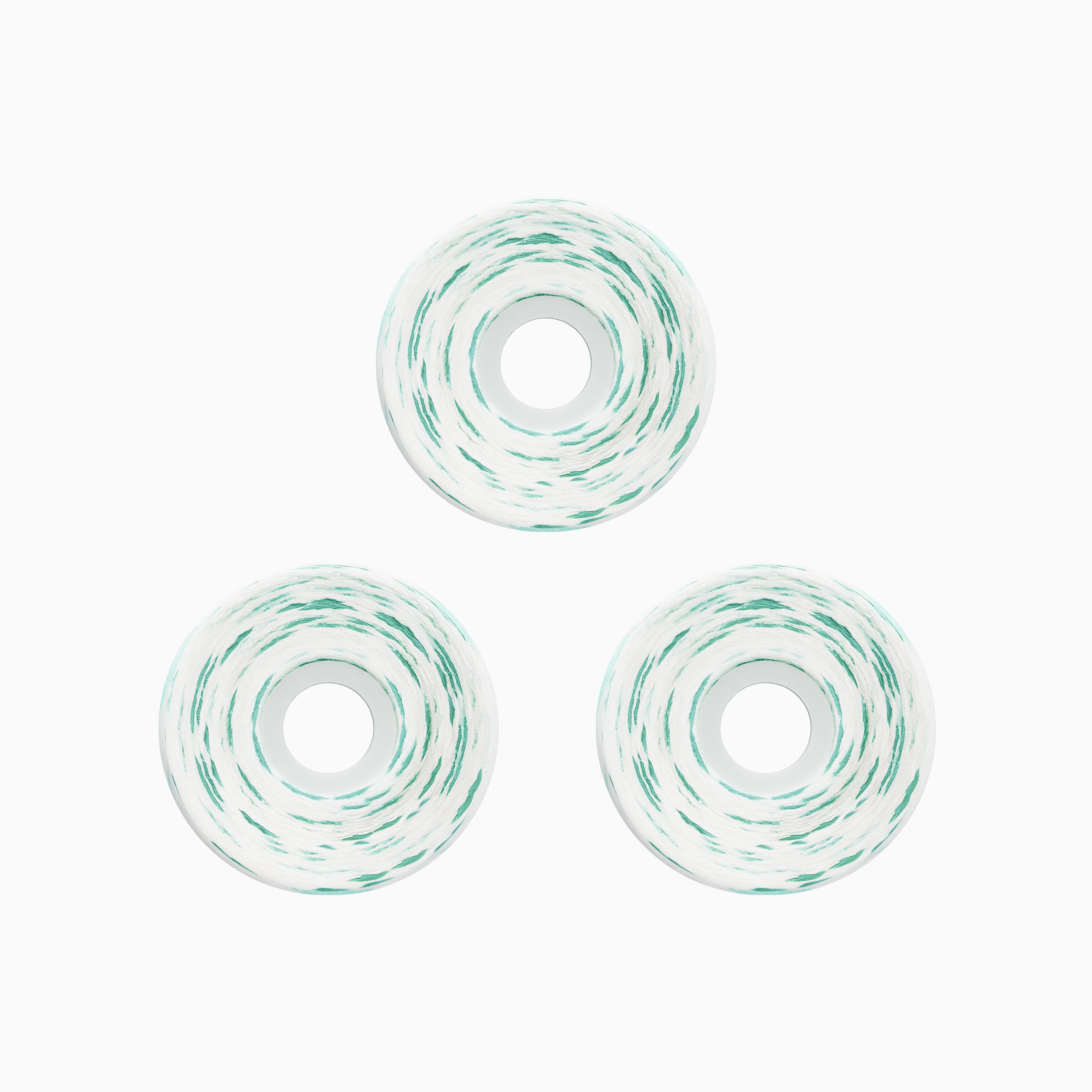 Three white skateboard wheels with a mint green and white swirled pattern, arranged in a triangle on a solid white background.