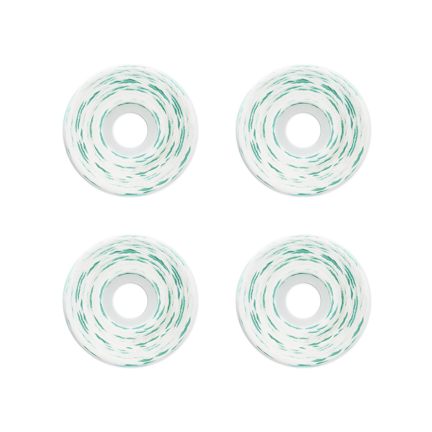Four skateboard wheels arranged in a 2x2 grid on a solid white background. The wheels are white with a distinctive mint green swirl pattern.