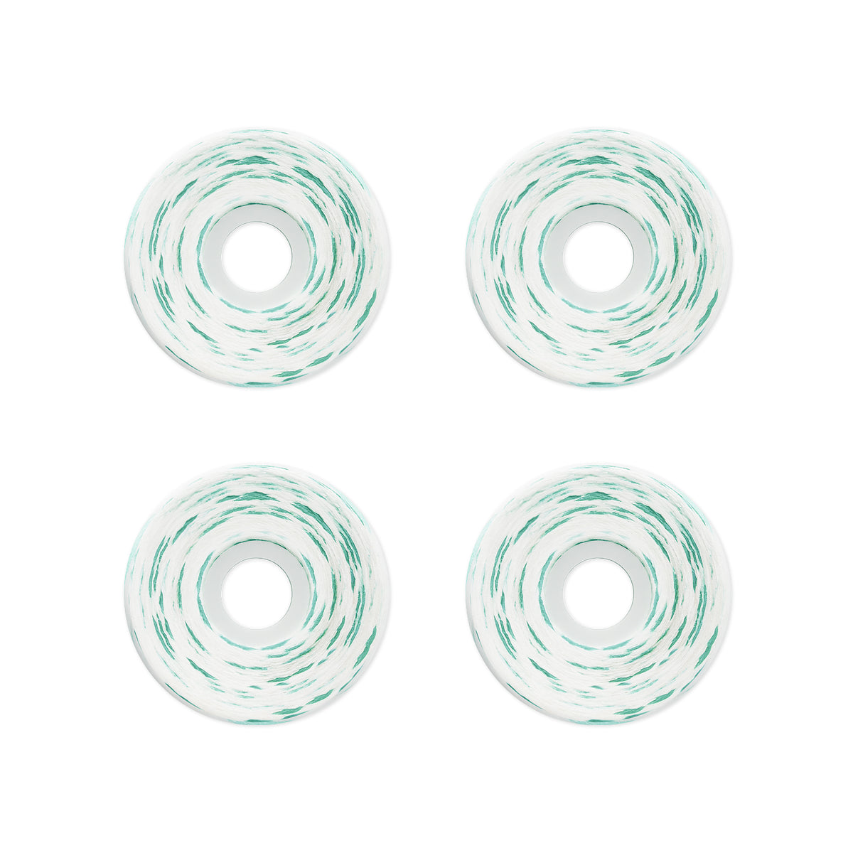 Four skateboard wheels arranged in a 2x2 grid on a solid white background. The wheels are white with a distinctive mint green swirl pattern.