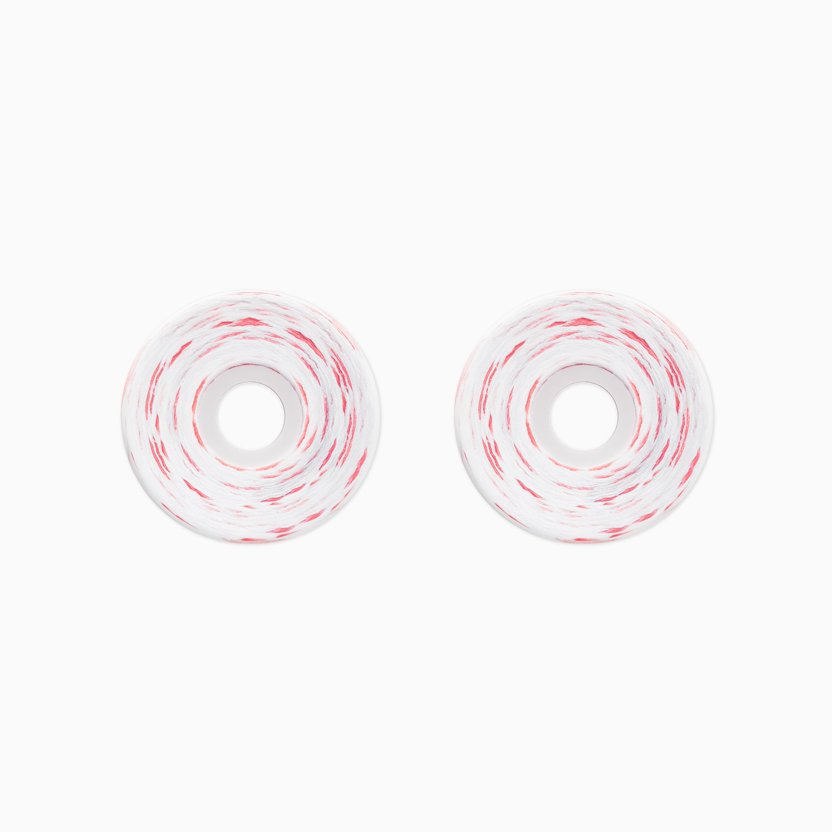 Two white skateboard wheels with red and white swirled patterns, shown side-by-side on a light gray background.