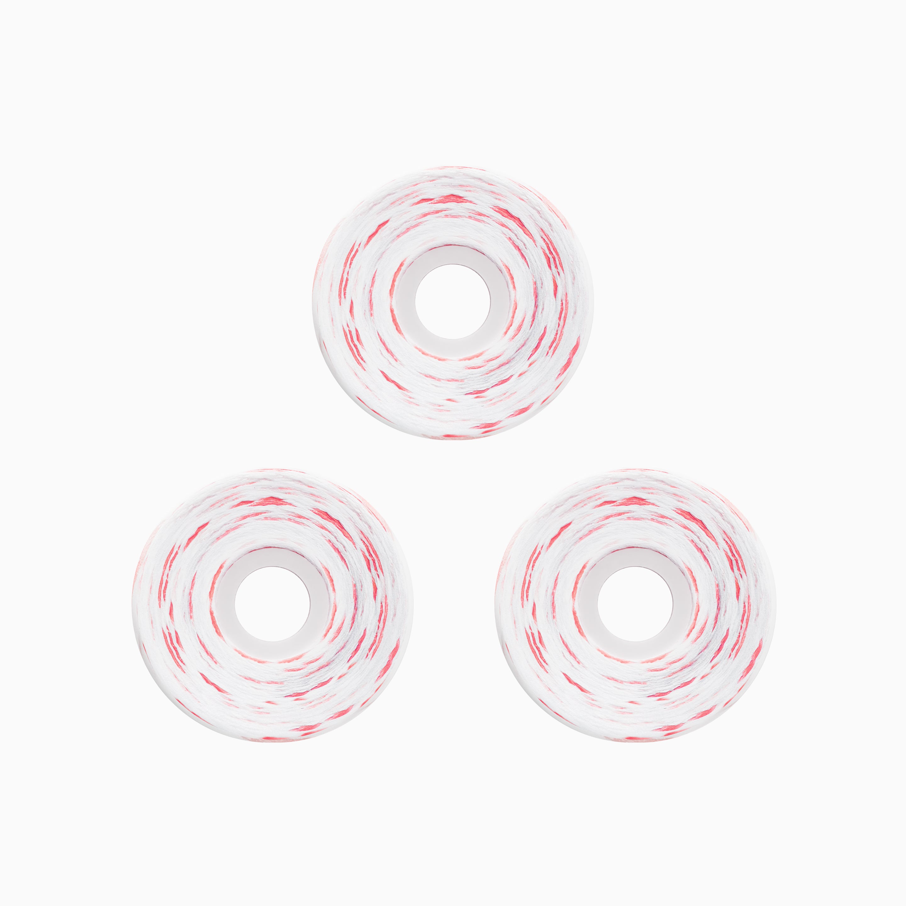 Three white skateboard wheels with red and white swirled urethane, arranged in a triangle on a light gray background.