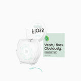 A clear plastic roll of dental floss with a white cap printed with the brand name 'drib' and the phrase 'Yeah, I floss. Obviously.