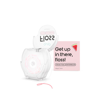 woven floss in Watermelon flavor, showing the clear plastic dispenser with pink floss inside, its white cap, and the pink product box with a watermelon graphic.