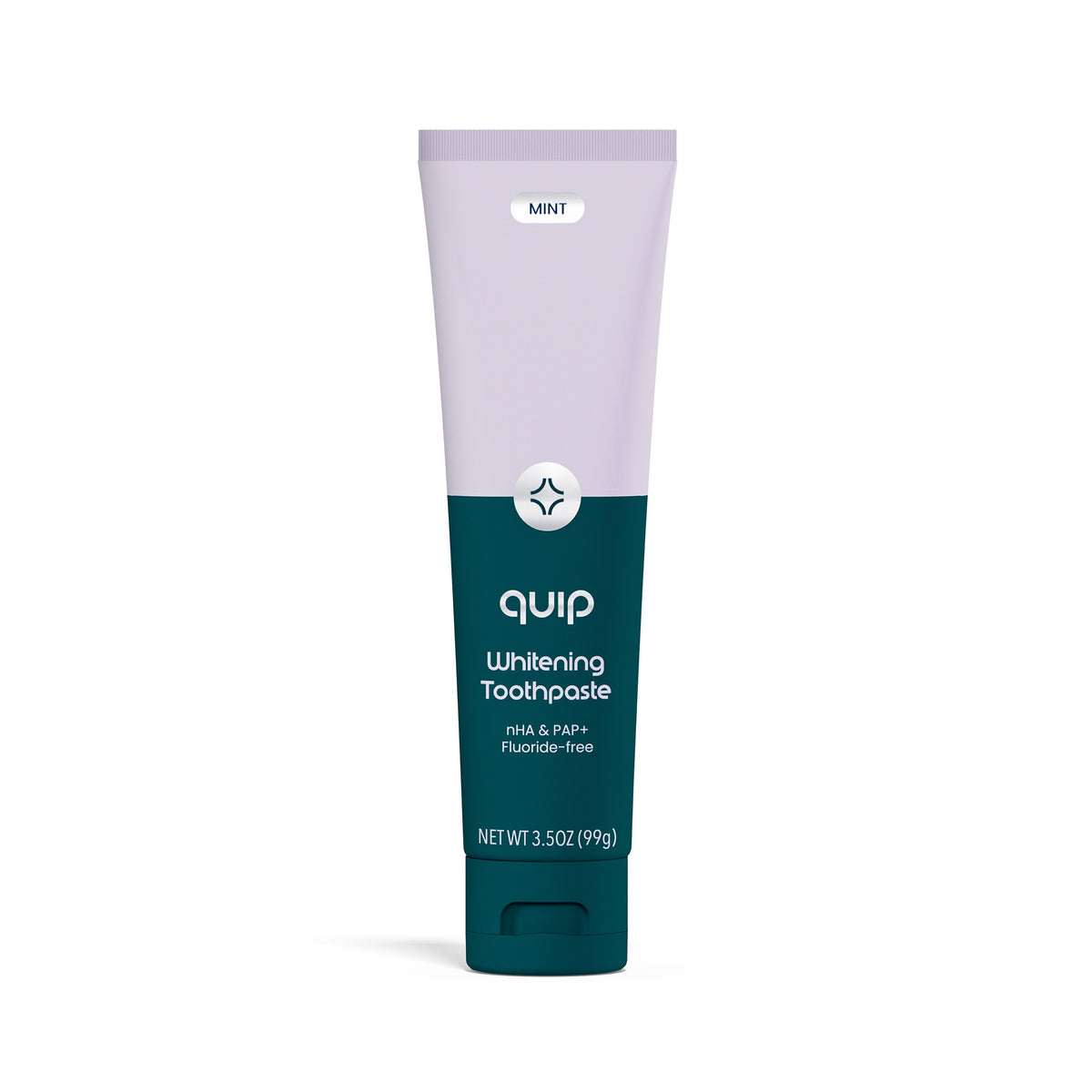 A tube of Quip Whitening Toothpaste in Mint flavor, featuring a lavender top half and a dark teal-green bottom half with white text, set against a plain white background.