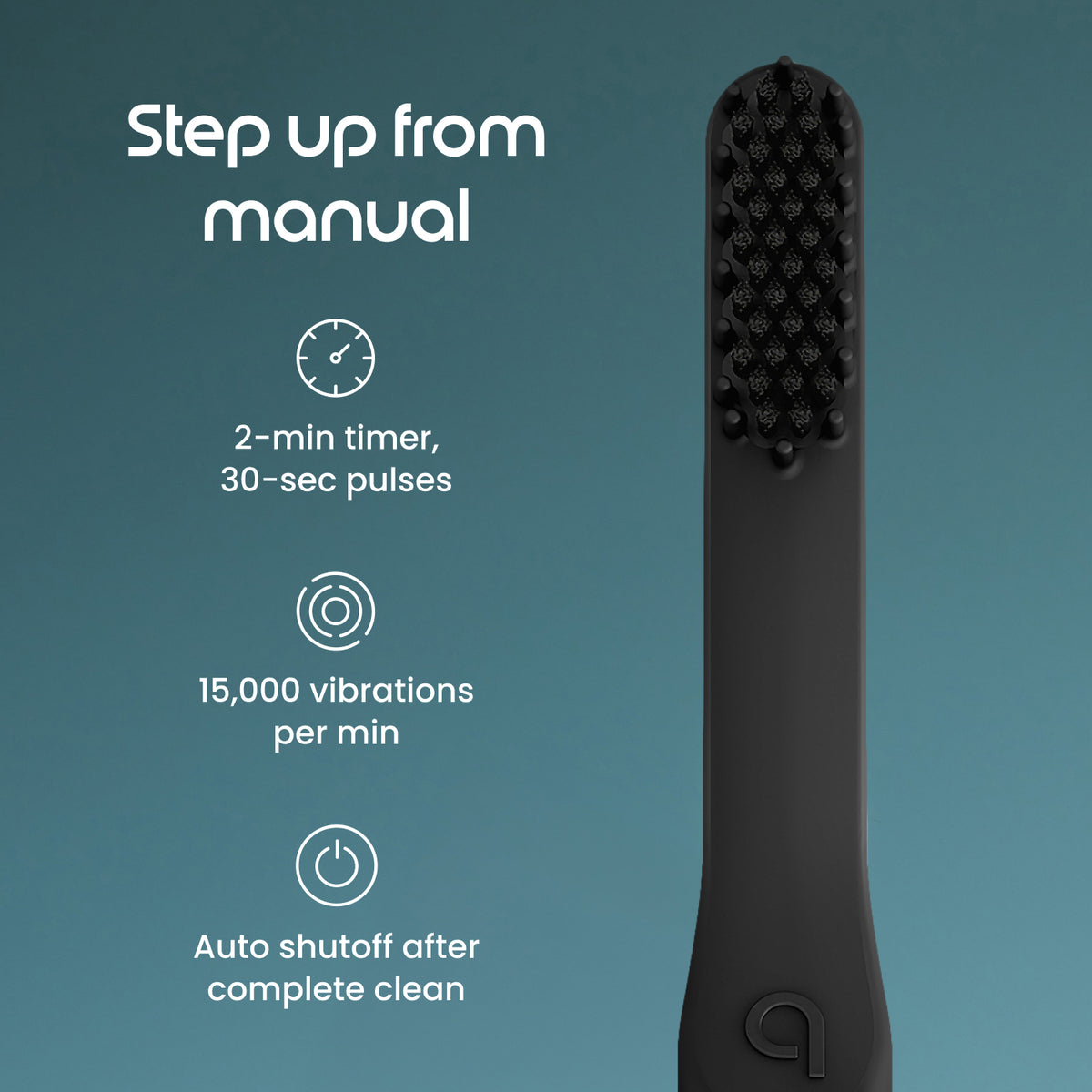A dark gray personal massager with a textured bristle head is shown on a teal gradient background with marketing text and icons describing features like a 2-minute timer, 30-second pulses, 15,000 vibrations per minute, and auto shutoff after a complete clean.