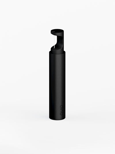 A black refillable dispenser for tooth floss with a pop-up top.