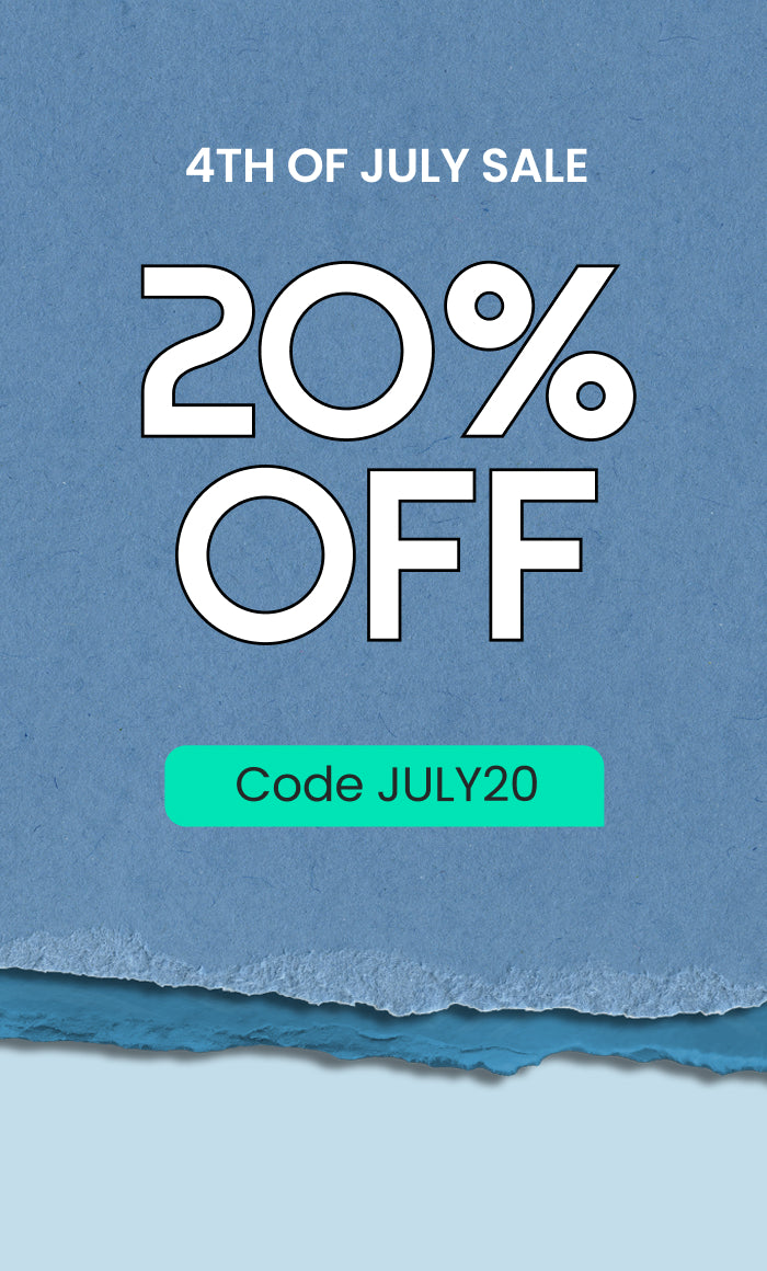 Promotional text for 20% off on a 4th of July sale with a code on a blue background.