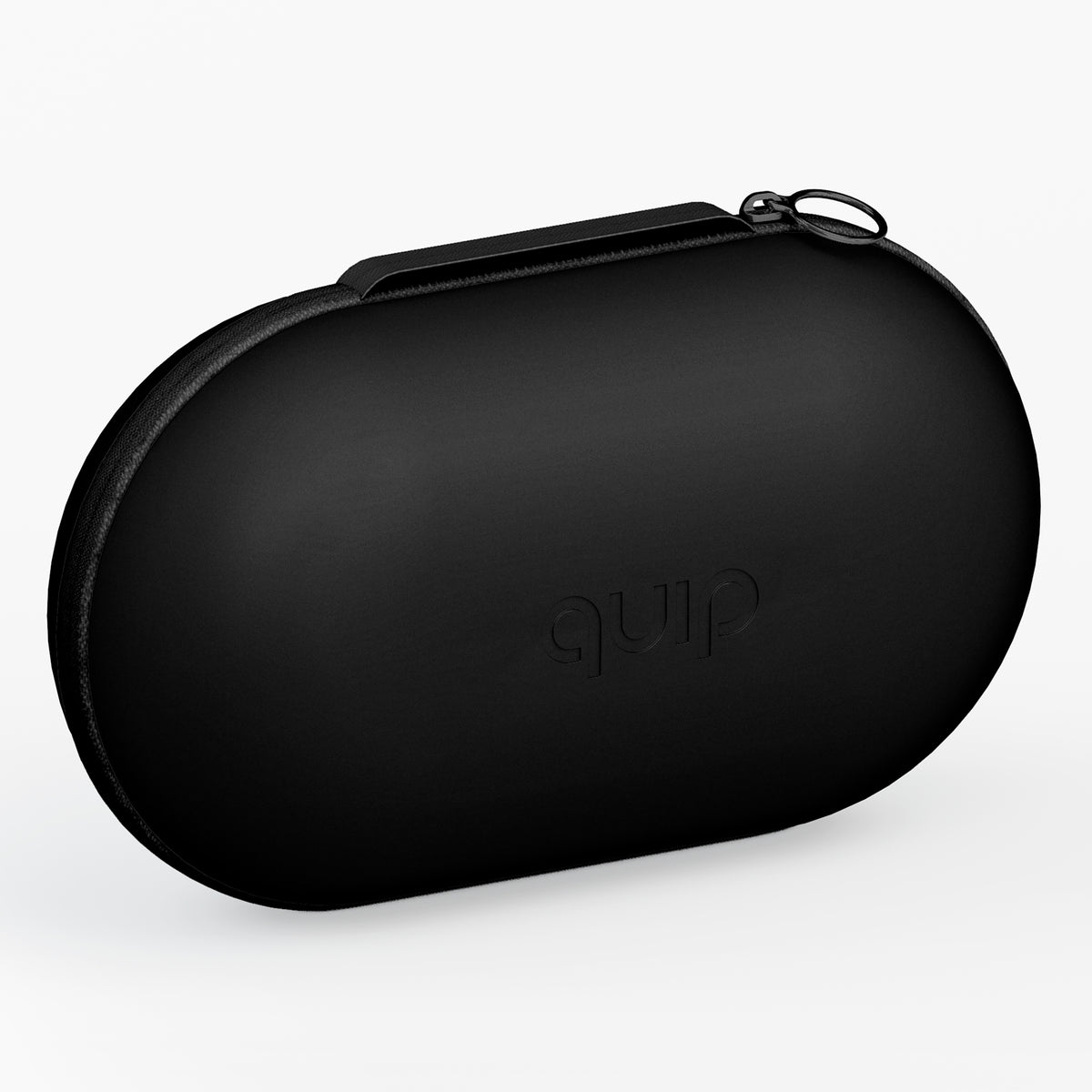 A black oval hard-shell carrying case with a zipper closure and a subtle embossed 'quip' logo on the front, shown on a clean white background.